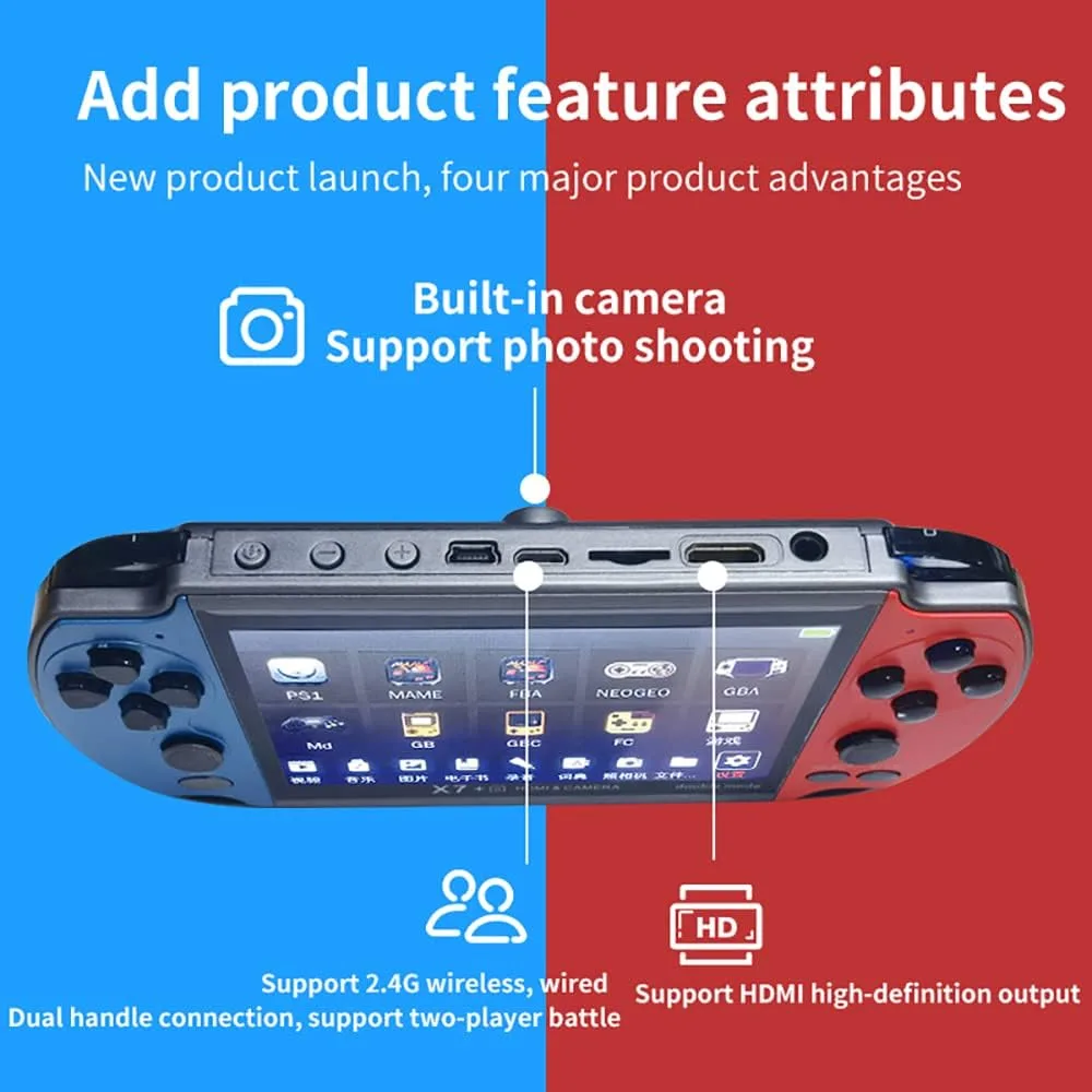 DREAMHAX X7 Plus Handheld Game Console , Preload 10000 Games Portable Video Games Support HDMI Output & Double Player Classic Arcade Retro Game Player (4.3" Screen Red & Blue)