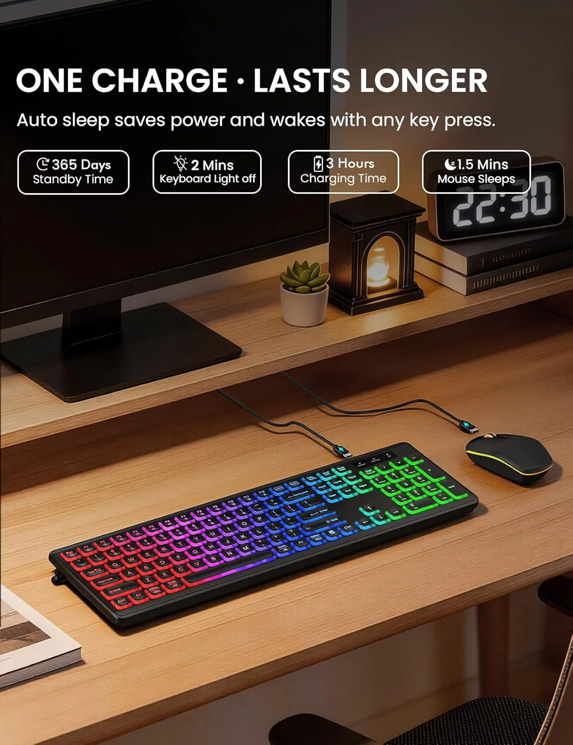Wireless Keyboard and Mouse Combo with RGB Backlit, Rechargeable