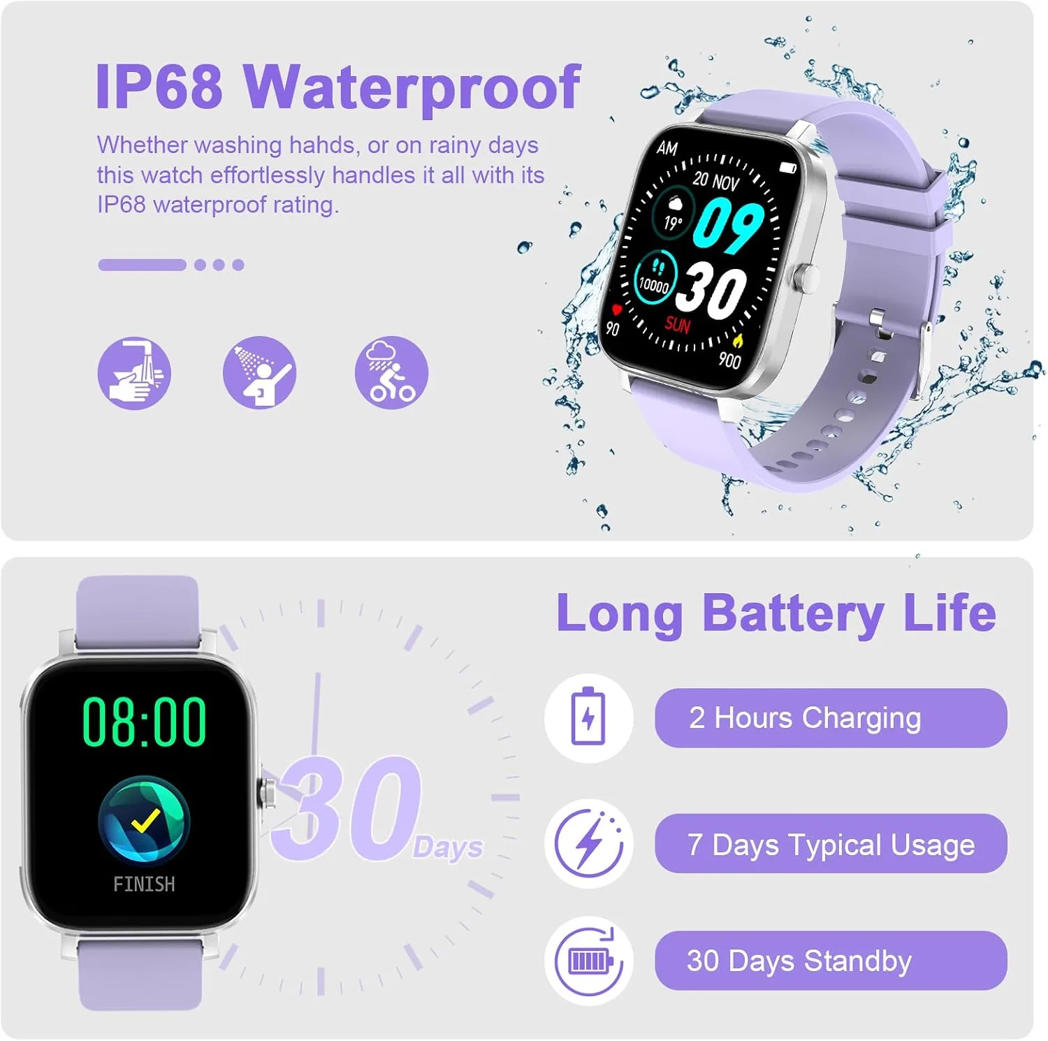 Smart Watch for Men Women Compatible with iPhone Samsung Android Phone 1.69 inch Full Touch Screen IP68 Waterproof Bluetooh Fitness Tracker Heart Rate/Sleep Monitor (Purple)