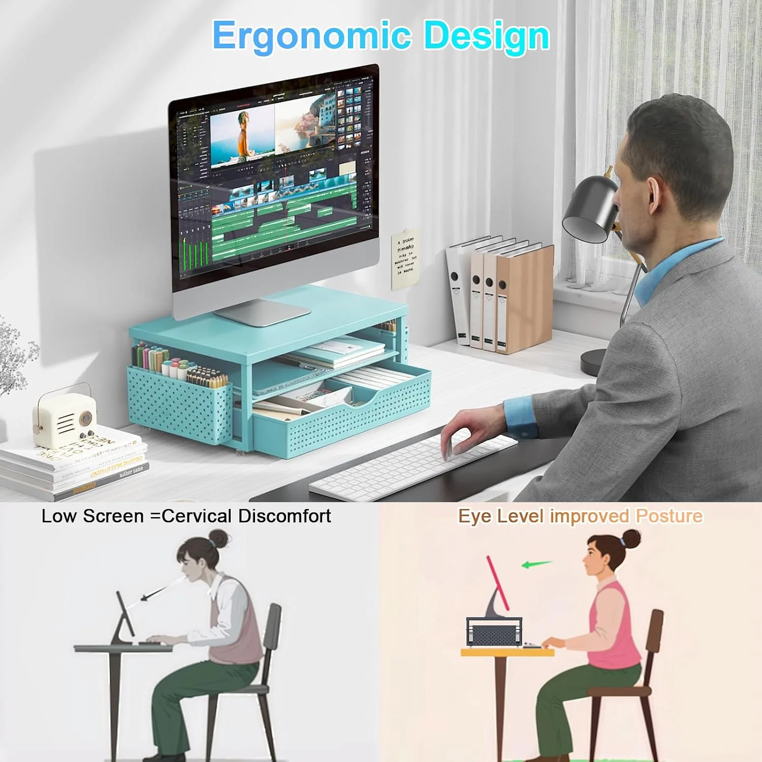 gianotter Monitor Stand with Drawer and 2 Pen Holders (Blue)