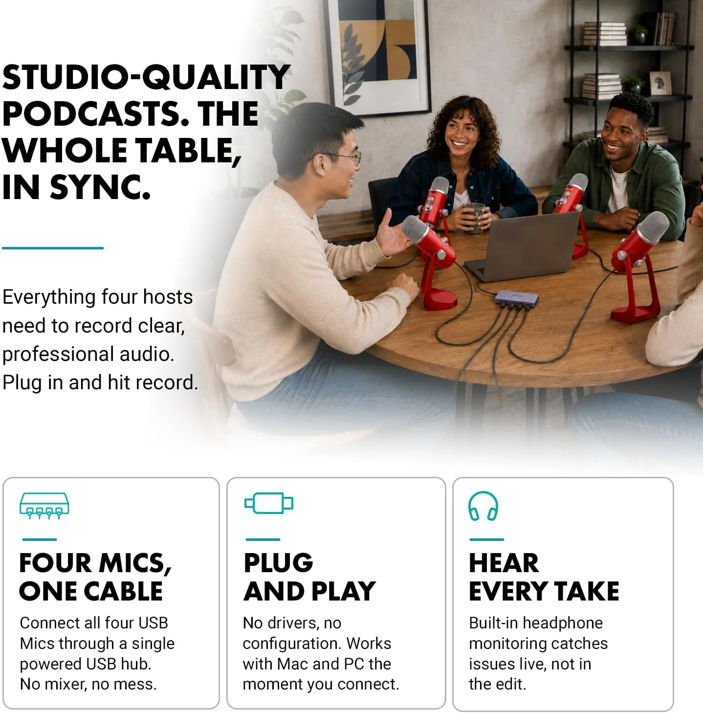 Movo 4-Person USB Podcast Equipment Bundle – 4 Condenser Mics, Hub & Case