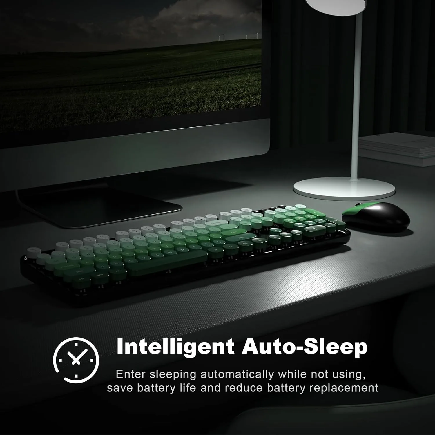 MOFII Wireless Keyboard and Mouse Combo, Full Size 2.4G Plug and Play Typewriter Retro Round Computer Keyboard and Mouse Set for Windows, Computer, Desktop, PC, Notebook - (Black Green Gradient)