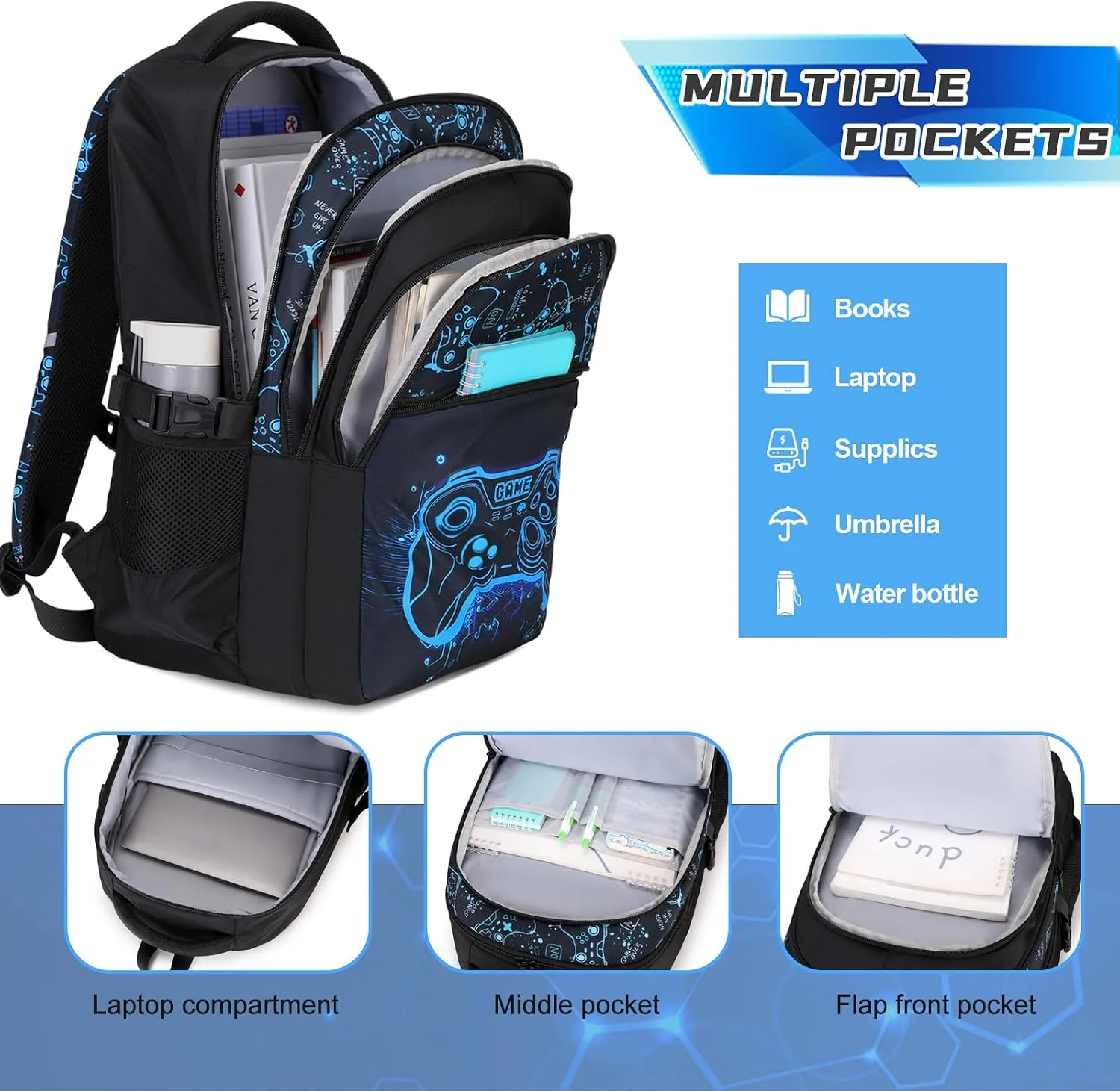 DIGOBAY Boys Backpack for School, 6PCS Cool Luminous Gamer Backpack for Boys with Kids Bento Box Lunch Bag Pencil Case, Kids Backpacks Bookbag for Teen Boys Elementary Middle High School