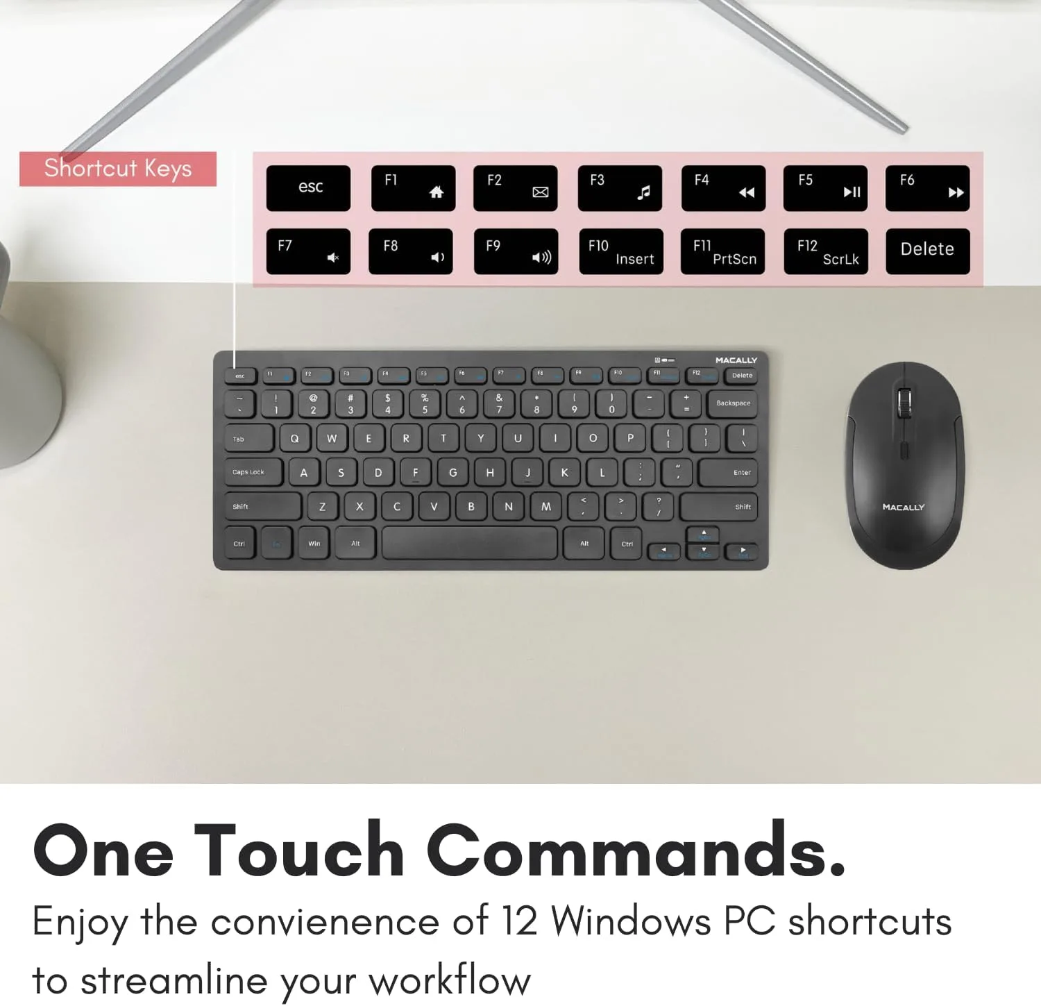 Macally Compact Wireless Keyboard - 2.4 Small Keyboard for Laptop, Desktop PC, Surface, Chromebook, Notebook, Slim Mini Key board with 2.4G Wireless USB - Portable, Ready for Travel without Number Pad