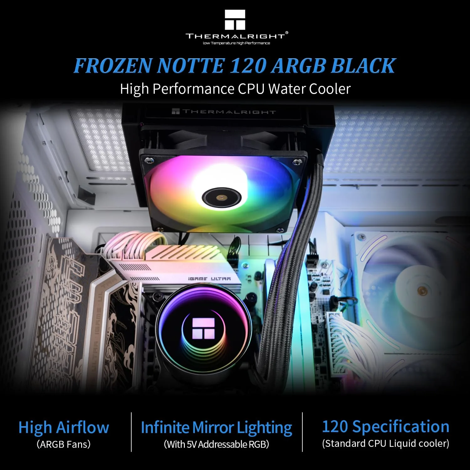 Thermalright Frozen Notte 120 ARGB Black Liquid CPU Cooler, 120mm PWM Fan with ARGB-Up to 2000RPM Speed, for AMD/AM4/AM5, Intel LGA1150/1151/1200/1700/1851,Black