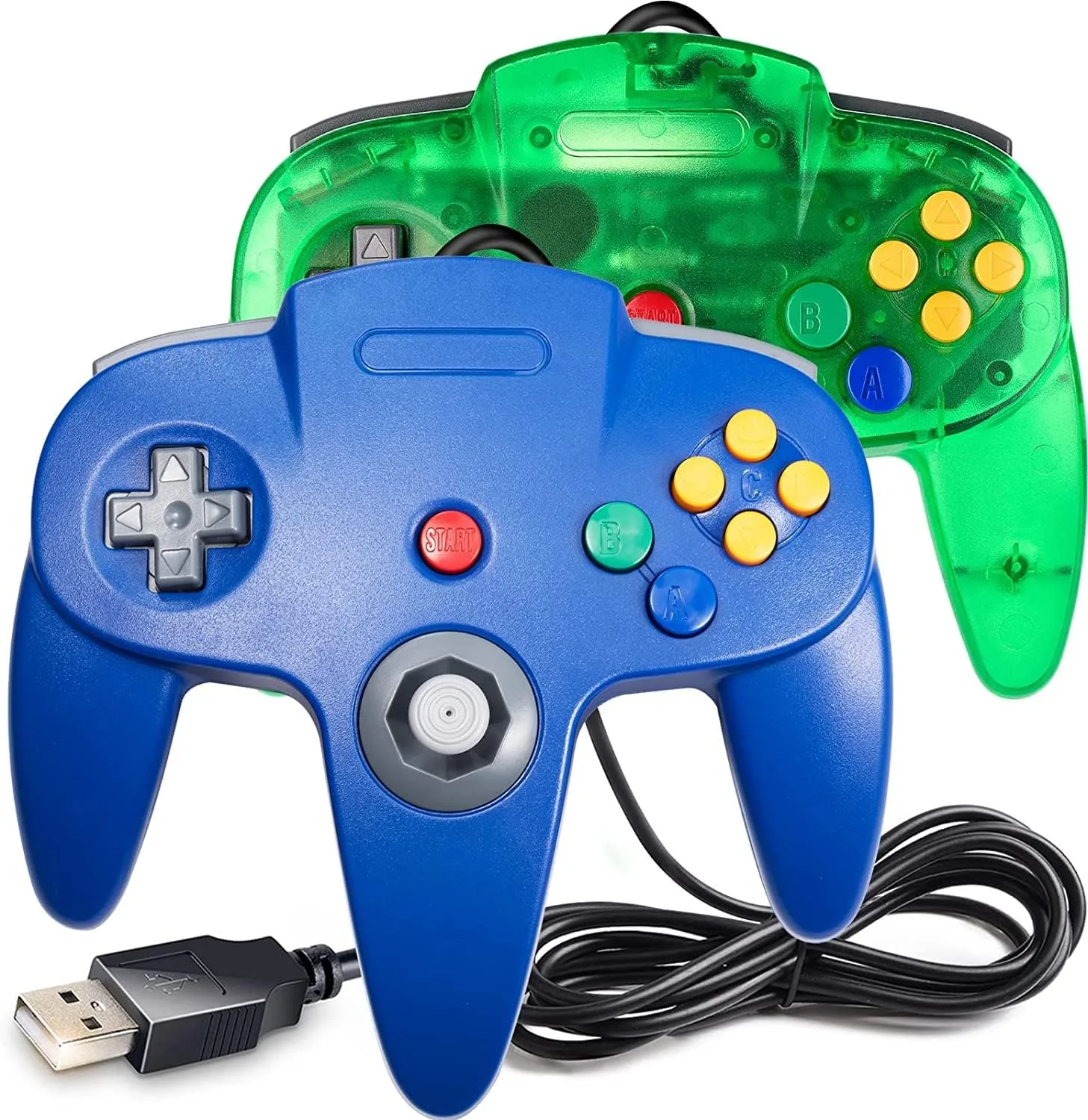 2 Pack Classic N64 Controller, miadore N64 Wired USB PC Game pad Joystick, N64 Bit USB Wired Game Stick Joy pad Controller for Windows PC MAC Linux Raspberry Pi 3 Sega Genesis (Clear Green/Blue)
