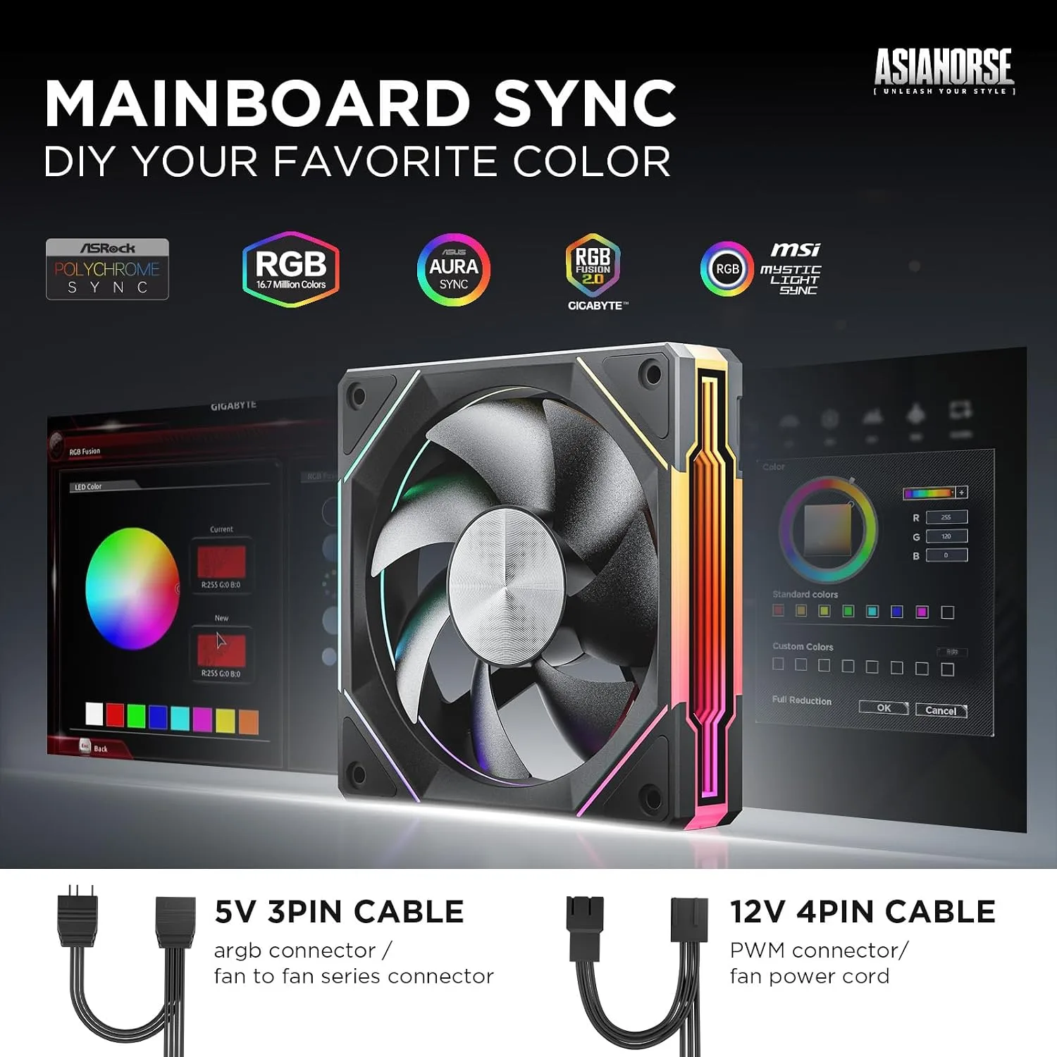 AsiaHorse AMICIPro 120mm PC Case Fans,Ultra-Quiet Operation <30dB, 1800 RPM HDB Bearings, 12 LED ARGB Lights,Aura SYNC Compatible for Enhanced Cooling (Forward Blade)