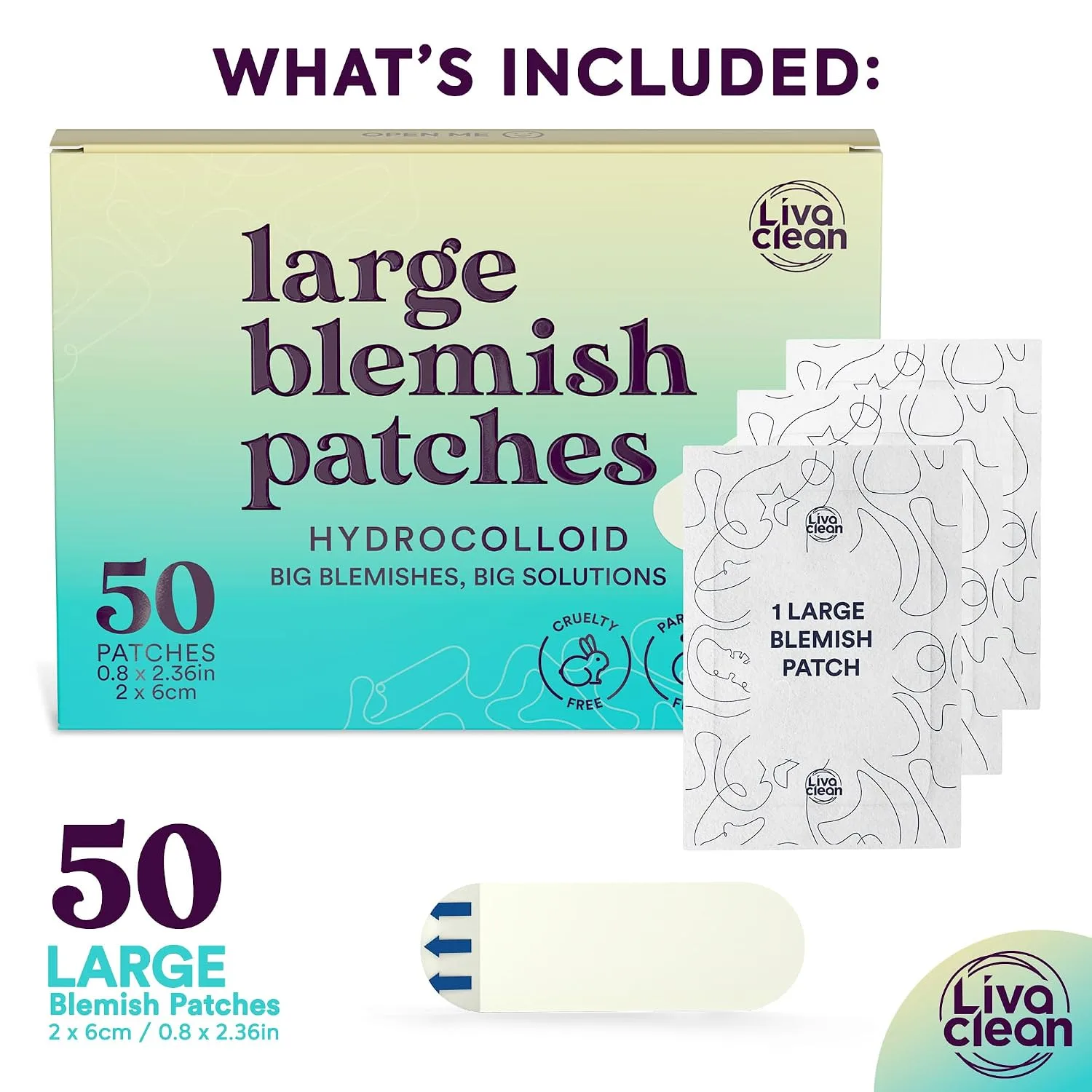 LivaClean 50CT Large Hydrocolloid Acne Patches - for Pore Spots Nose Face Cystic Pimple Zit Patch - Big Pimple Patches Hydrocolloid Bandages Strips Stickers Zit Patch XL
