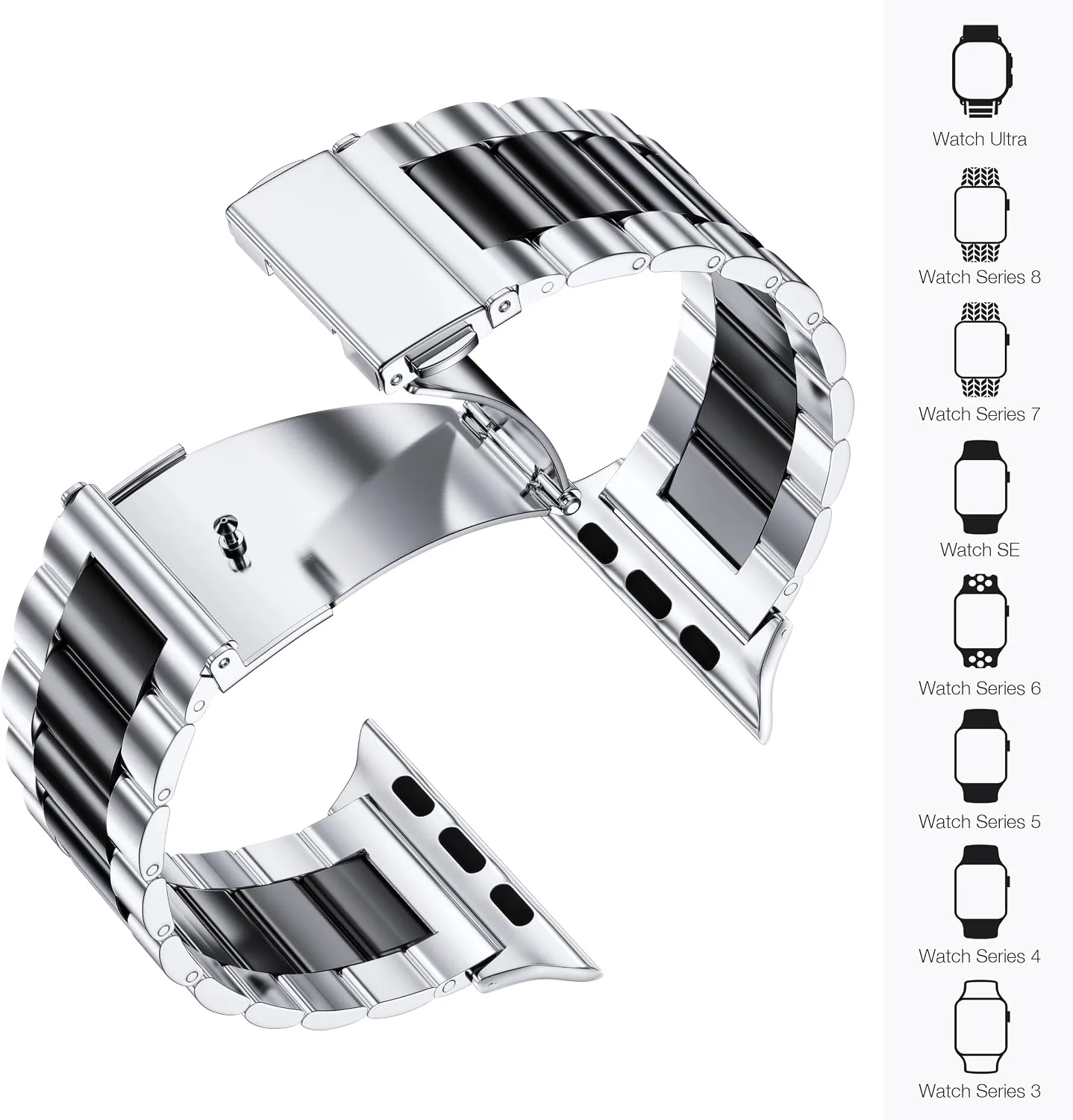 EPULY Compatible with Apple Watch Band 42mm 44mm 45mm 38mm 40mm 41mm, Business Stainless Steel Metal Wristband for iWatch SE & Series 7 6 5 4 3 2 for Men (Silver+Black, 45mm 44mm 42mm)