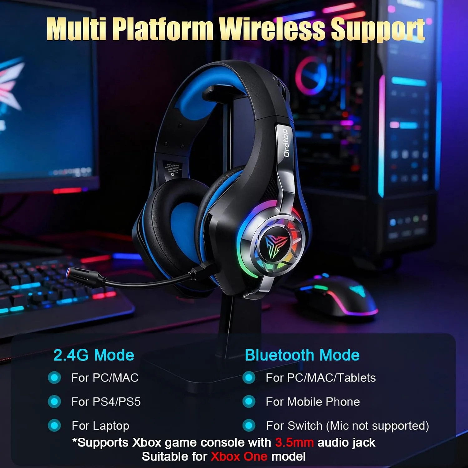 Ordtop 2.4GHz Wireless Gaming Headset for PS5/PS4/PC/Switch, 45H RGB Lights