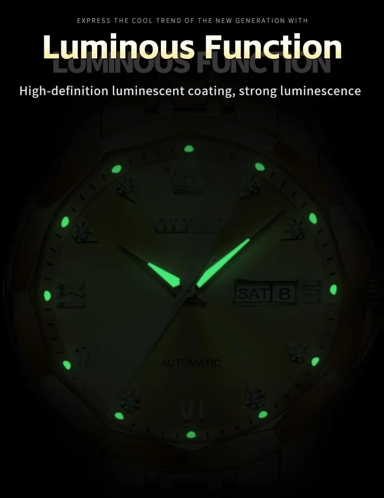 OLEVS Skeleton Men Watches Automatic Business Luxury Diamond Self Winding Watch for Men Stainless Steel Calendar Wrist Watch
