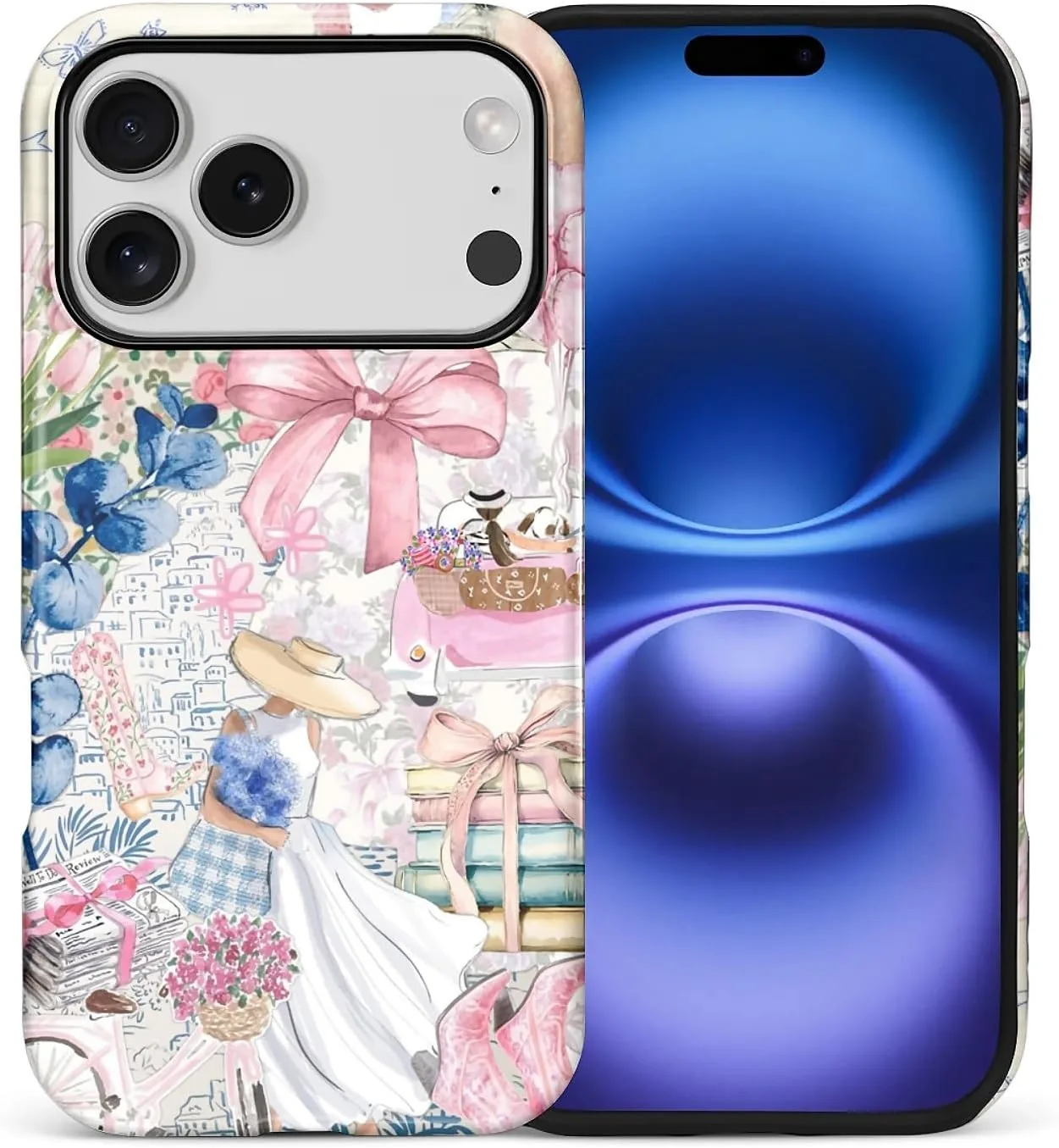 DAIZAG Case for iPhone 17 Pro,Mixed 2 Layer Design Shockproof Soft TPU Ddouble Protection Phone Case for iPhone 17 Pro-Magazine Books Flower Bow Collage