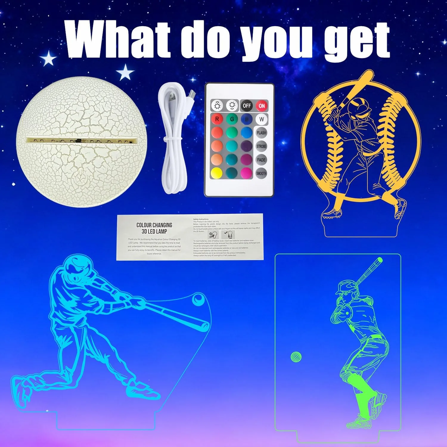 Baseball Gifts for Boys 8-12, 3 Patterns LED 3D Illusion Lamp 16 Colors with Remote Control, Baseball Room Decor, Birthday Stocking Stuffers for Teens Boys Girls