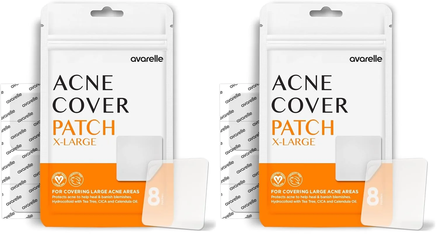 AVARELLE Acne Patches XL, Acne Cover Patch Large | Pimple Patches for Face Cheek & Nose (8 Count) | Large Hydrocolloid Acne Treatment with Tea Tree, Calendula, & Cica (Pack of 2)