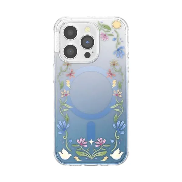 PopSockets iPhone 14 Pro Phone Case with MagSafe, Wireless Charging Compatible, Disney - Boho Wildflowers Blue