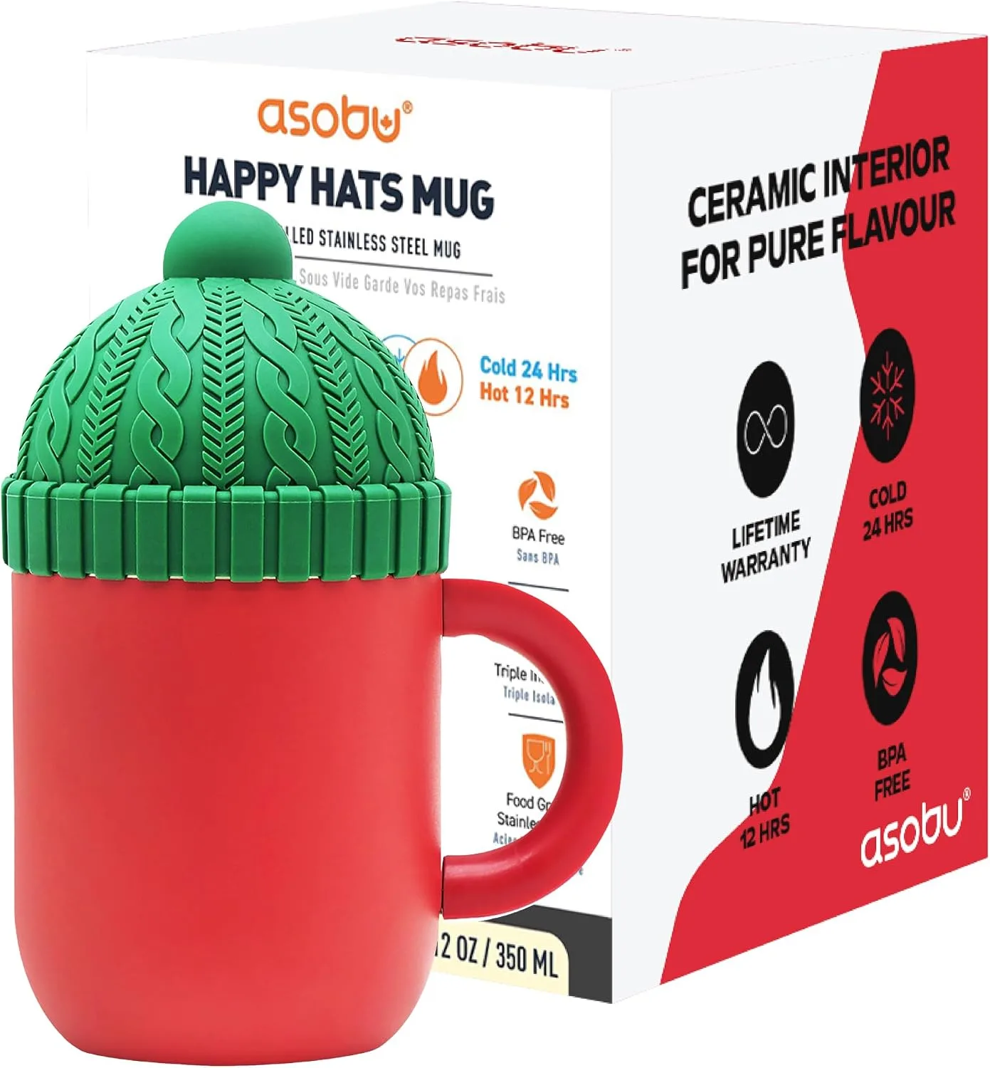 asobu Happy Hat Mug – 12 oz Double-Walled Stainless Steel Insulated Cup with Beanie-Shaped Lid – Ceramic Inner Coating – Spill-Proof and Ergonomic Design for Home and Travel (Red)