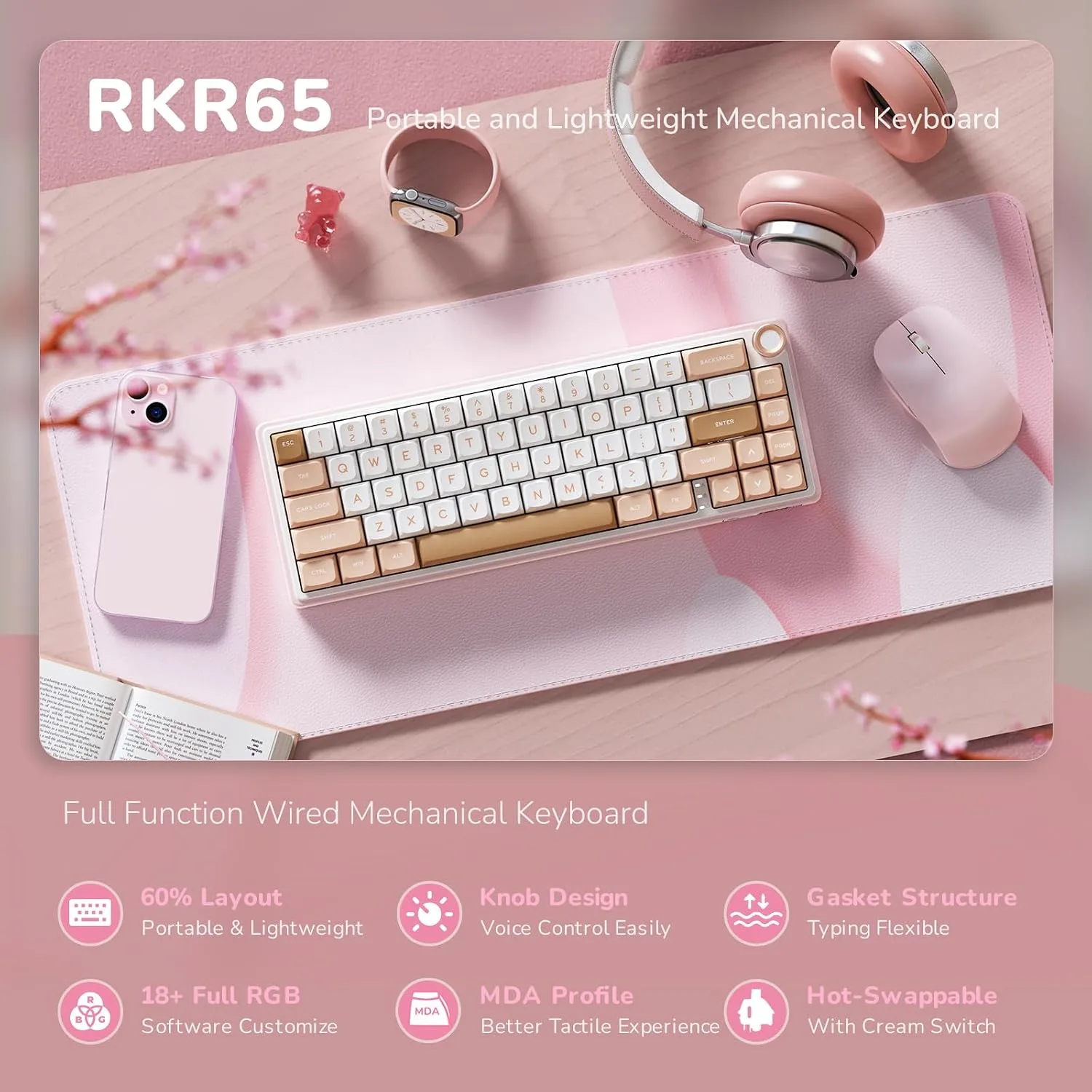 RK ROYAL KLUDGE R65 Wired Mechanical Keyboard with Volume Knob, 60% Percent RGB Backlit Gasket Mount Gaming Keyboard with PBT Keycaps, MDA Profile, QMK/VIA, 66 Keys Hot Swappable Cream Switch, Pink