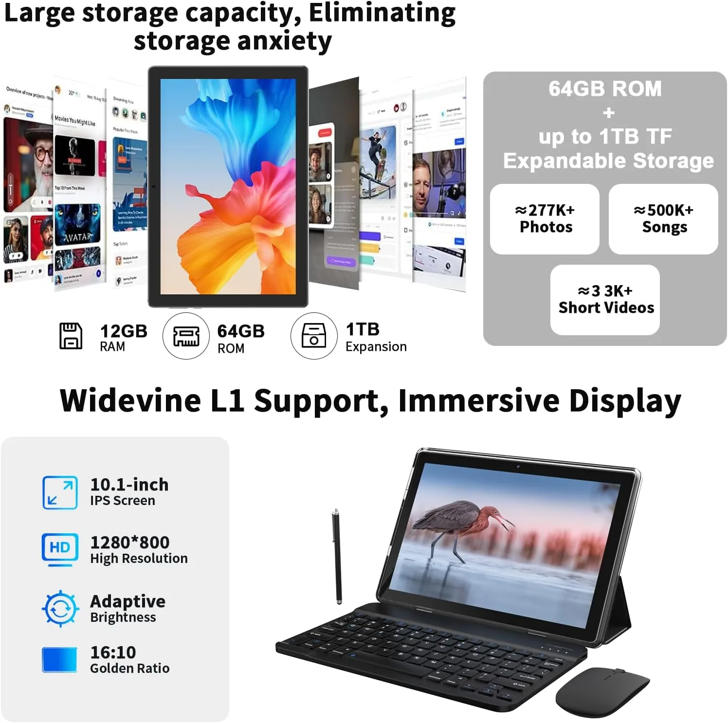 Android 16 Tablet 10 Inch, 12(3+9) GB RAM+64GB ROM, 2 in 1 Tablets with Keyboard Case Mouse Stylus, 2.0GHz Five-core Processor, 1280 * 800 IPS HD Screen, 5G WiFi6 BT 5.3 Tableta PC