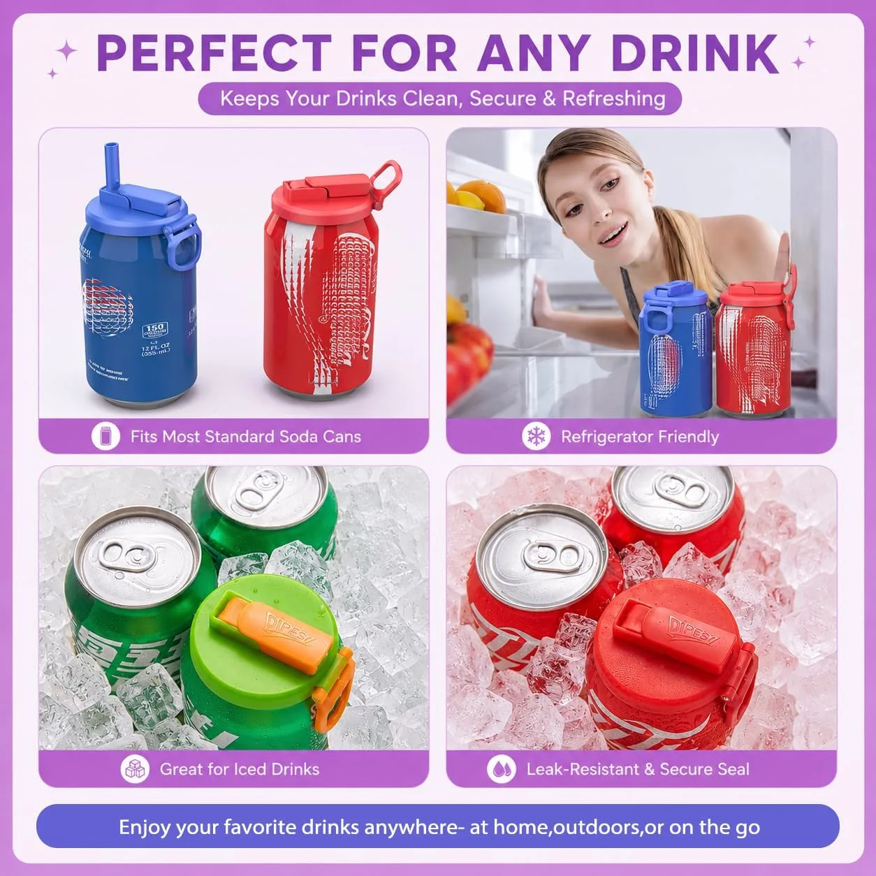 ORIGINAL CREATOR - DIPESI 6 pack 6 color Soda Can Lids with Straws, Reusable Silicone Straws Soda ​Can Covers, BPA-Free,Airtight Seal, Easy to Use, Prevents Spills, Fits Standard Cans.