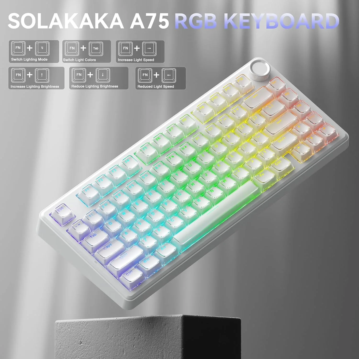 SOLAKAKA A75 Wireless Gaming Keyboard with Multifunction Knob, BT5.0/2.4GHz/USB-C, 75% Mechanical Keyboard, Hot-Swappable, Gasket Creamy Keyboard with RGB Backlit, Crystal Keycaps, for PC/Mac