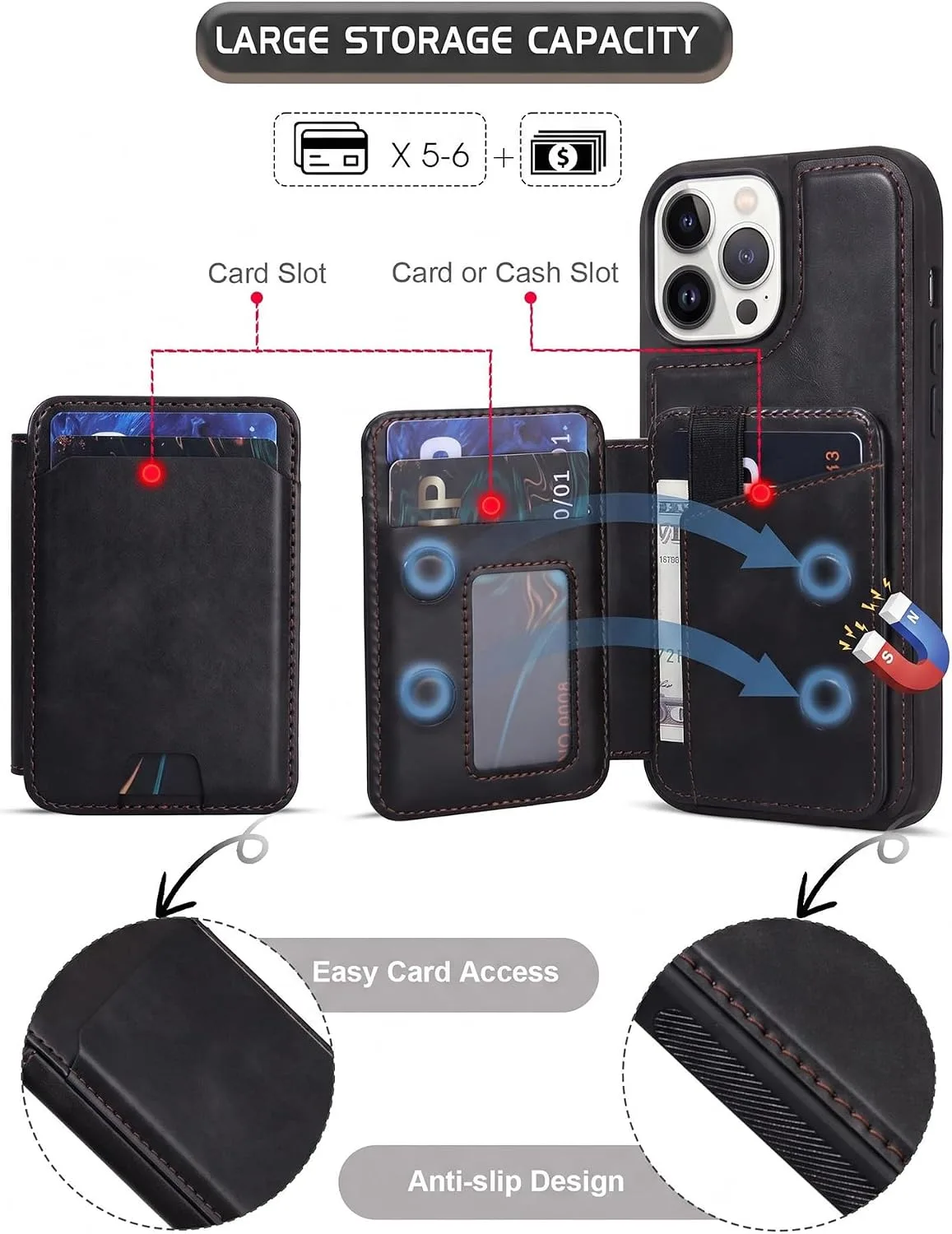 Magnetic Detachable Wallet Case for iPhone 12/12 Pro with Kickstand,2-in-1 MagSafe Compatible RFID Blocking Card Holder,Slim PU Leather Cover Black