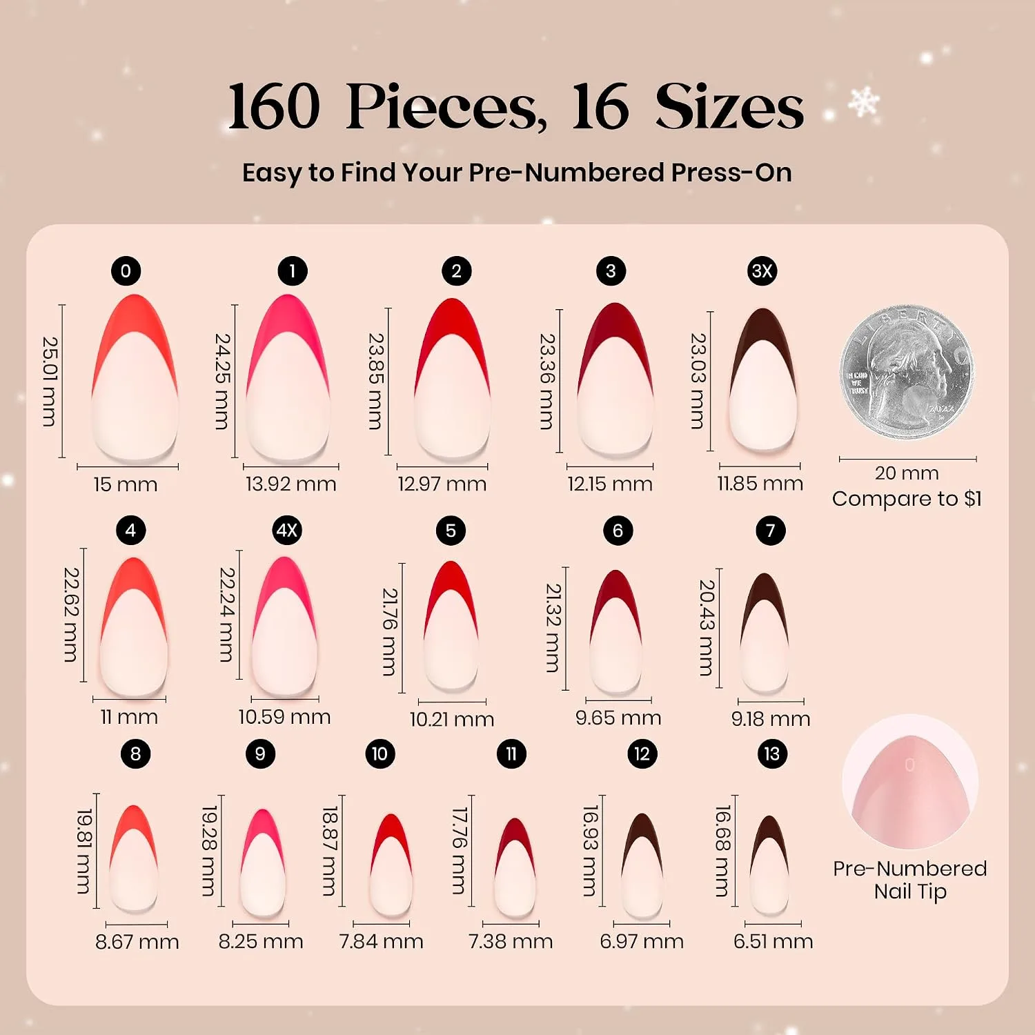Beetles Red French Tip Press On Nails - Medium Almond 5 Colors 160 Pcs
