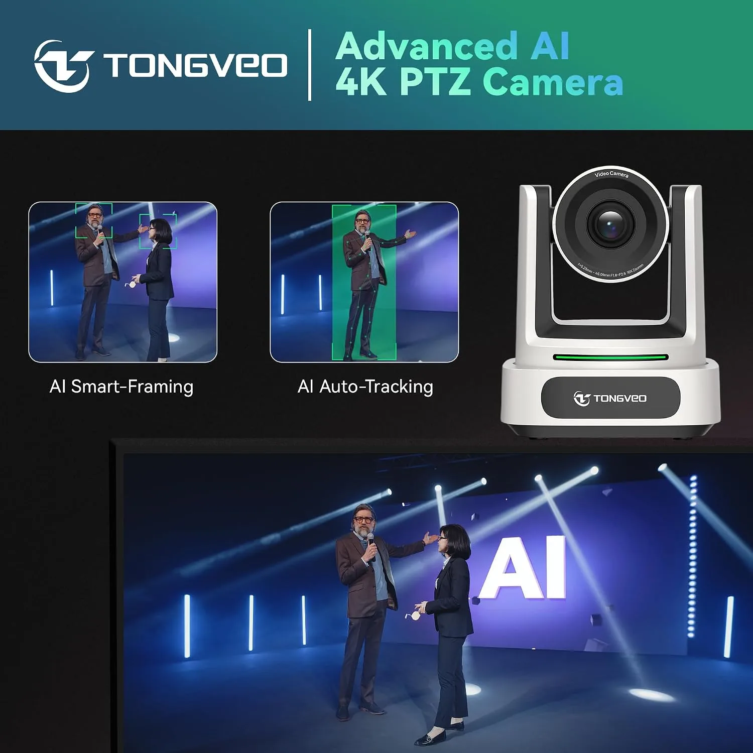 TONGVEO AI 4K PTZ Camera with Auto Tracking, 10X Optical Zoom Video Conferencing Camera, HDMI & USB 3.0 Plug and Play Webcam for Zoom, Teams, Church Worship, Live Streaming, Education