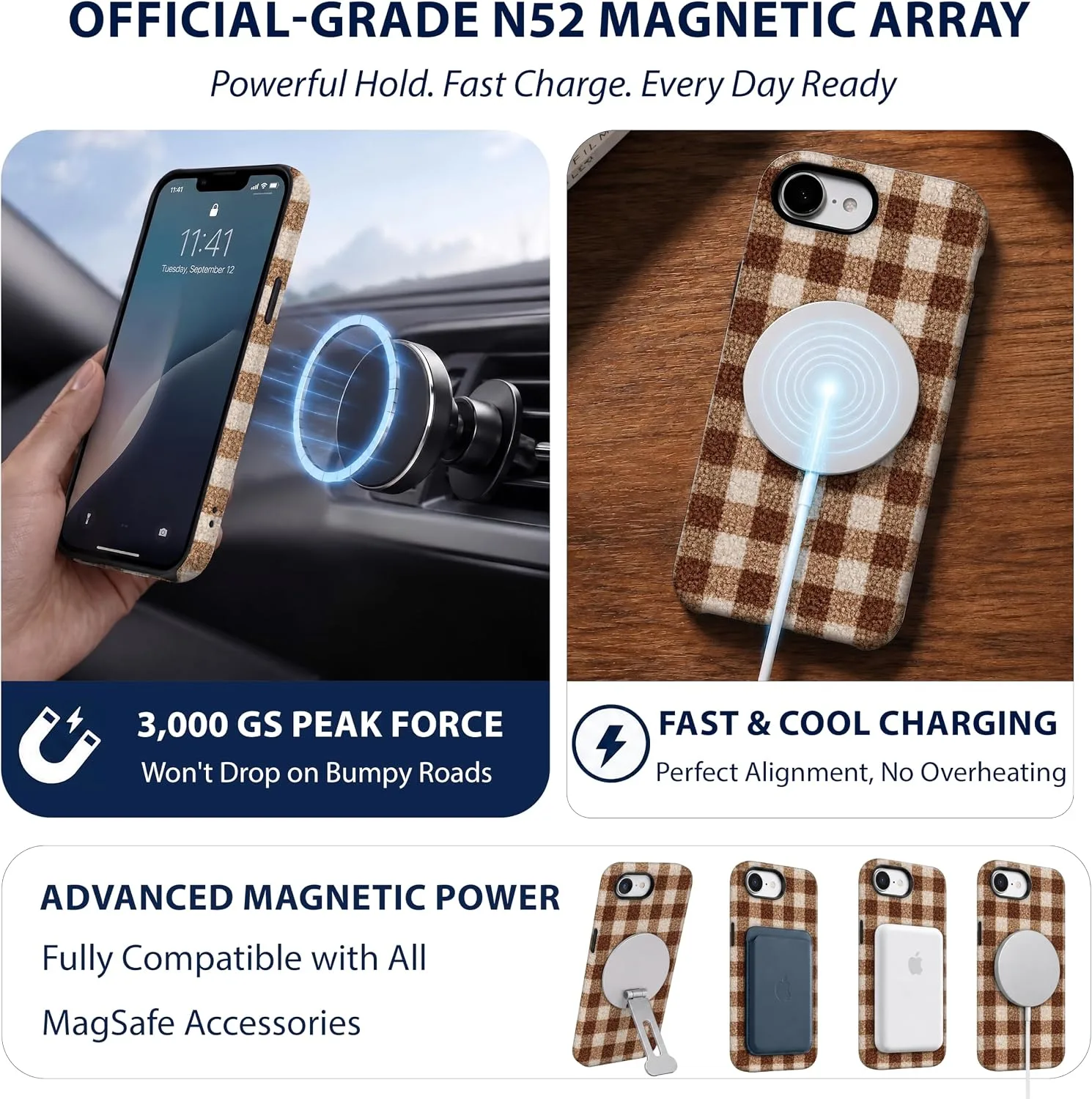 Magnetic for iPhone 16E/17E Chic Fall Brown Gingham Phone Case