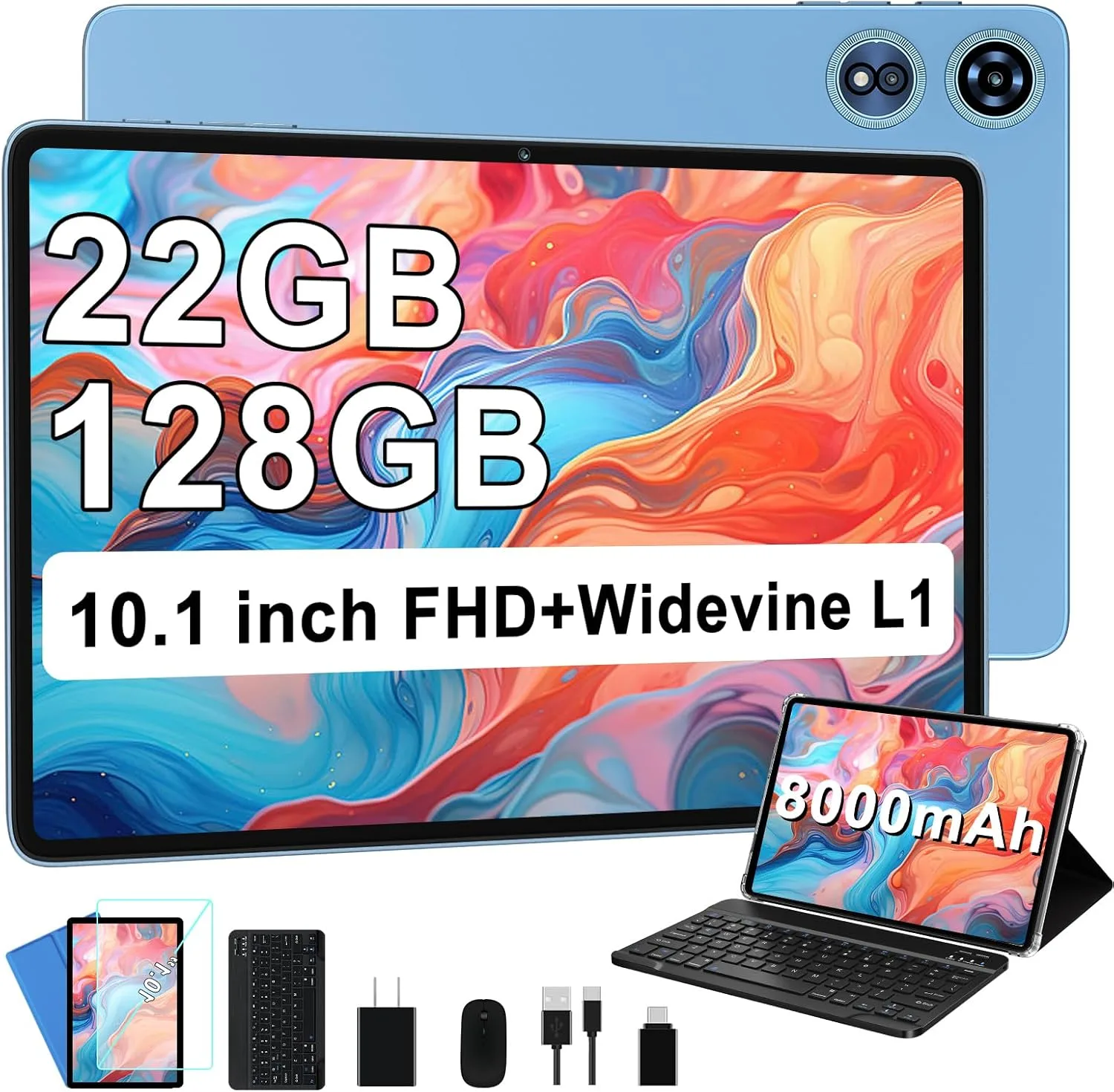 Android Tablet 10 Inch 22GB RAM 128GB ROM 1TB, Android 14 Tablet with Keyboard Mouse, Octa-Core, 8000mAh Battery, HD IPS Display, 5G WiFi, BT 5.0, GPS, Widevine L1, Split Screen - Metal Blue