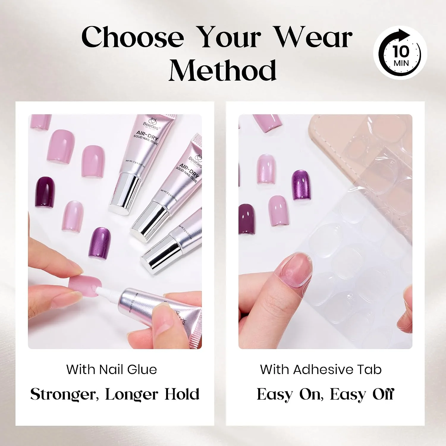 Beetles Purple Press On Nails Short Squoval, 5 Colors, 160 PCS