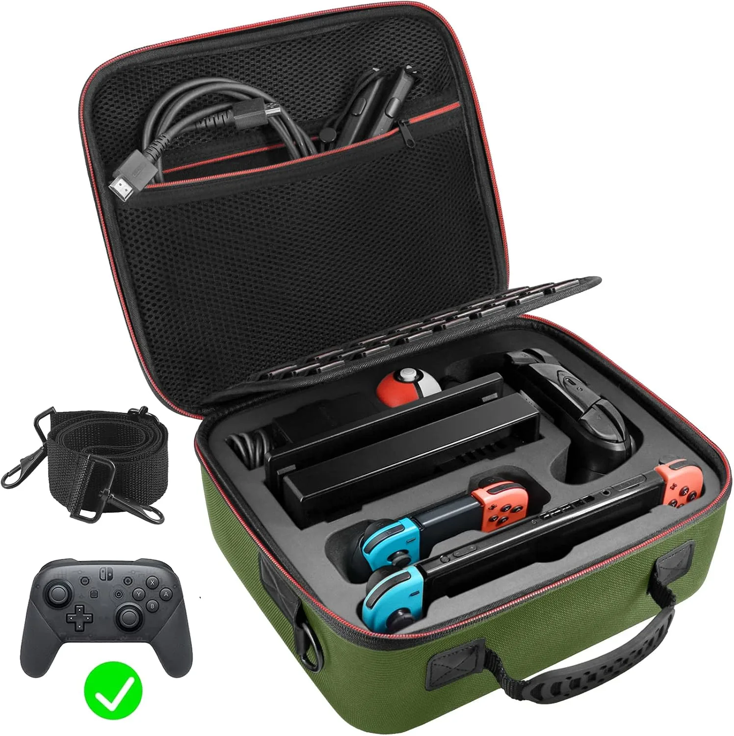 VORI Carrying Case for Nintendo Switch/Switch OLED Model (2021), Hard Travel Storage Protective Case with Handle and Shoulder Strap for Pro Controller, Poke Ball Plus and Switch Accessories, Green