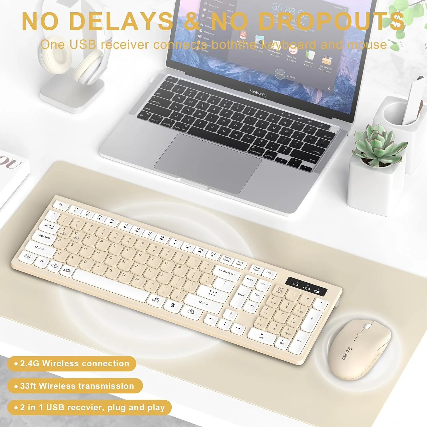 Wireless Keyboard and Mouse Combo Silent for Office and Home(Latte Color)