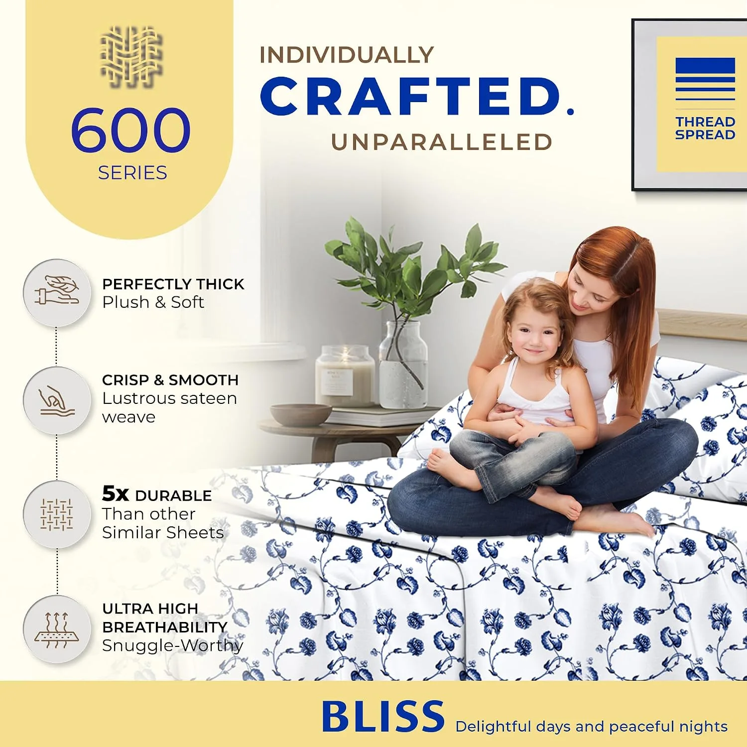 THREAD SPREAD Egyptian Cotton Queen Sheet Set - Luxury 600 Series Sheets Queen Size Bed Set (4 PC, Floral Blue), 16" Deep Pocket All Around Elastic, Soft, Sateen Weave, Durable Hotel Bed Sheet Sets