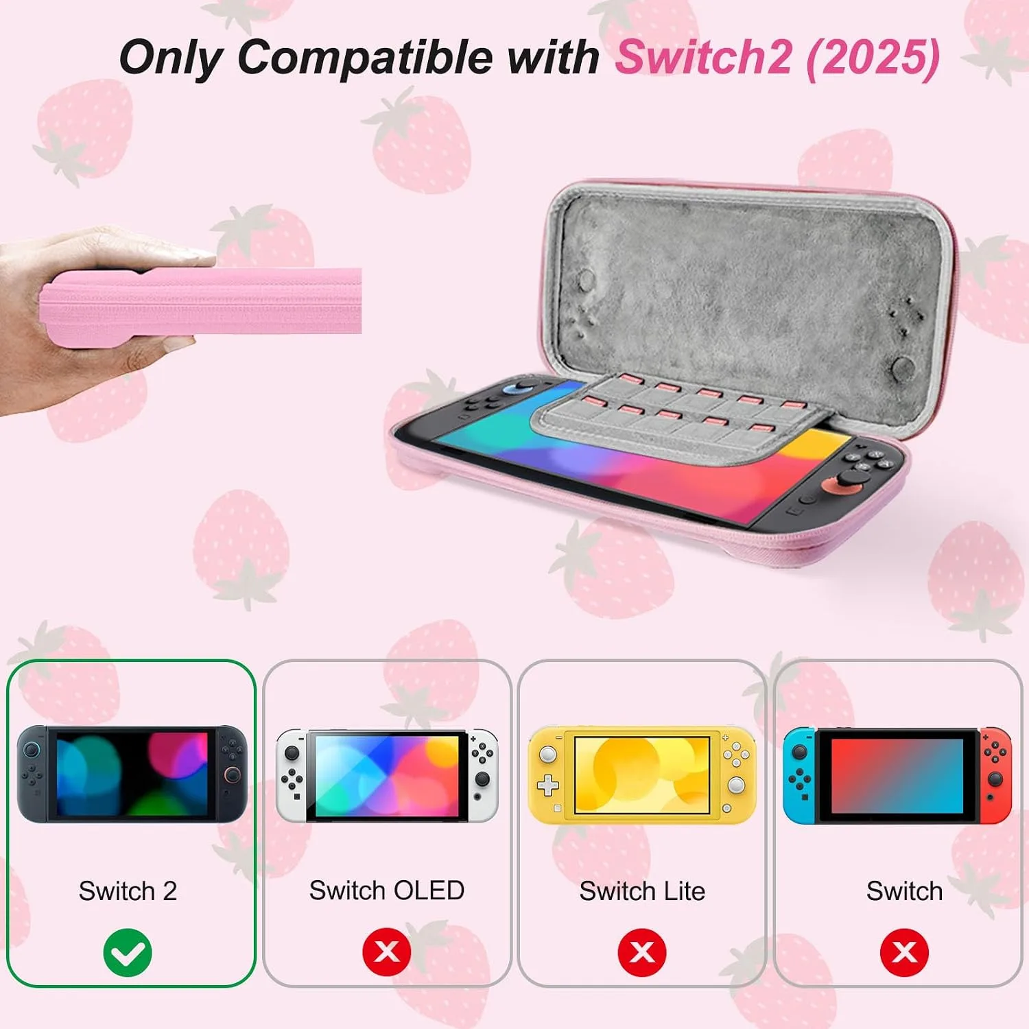 Strawberry Travel Carrying Case for Switch 2 2025 with Pink Silicone j-con Covers, Kawaii Thumb Grip Caps, Screen Protector, Embroidery stickers for Girls Women, Strawberry