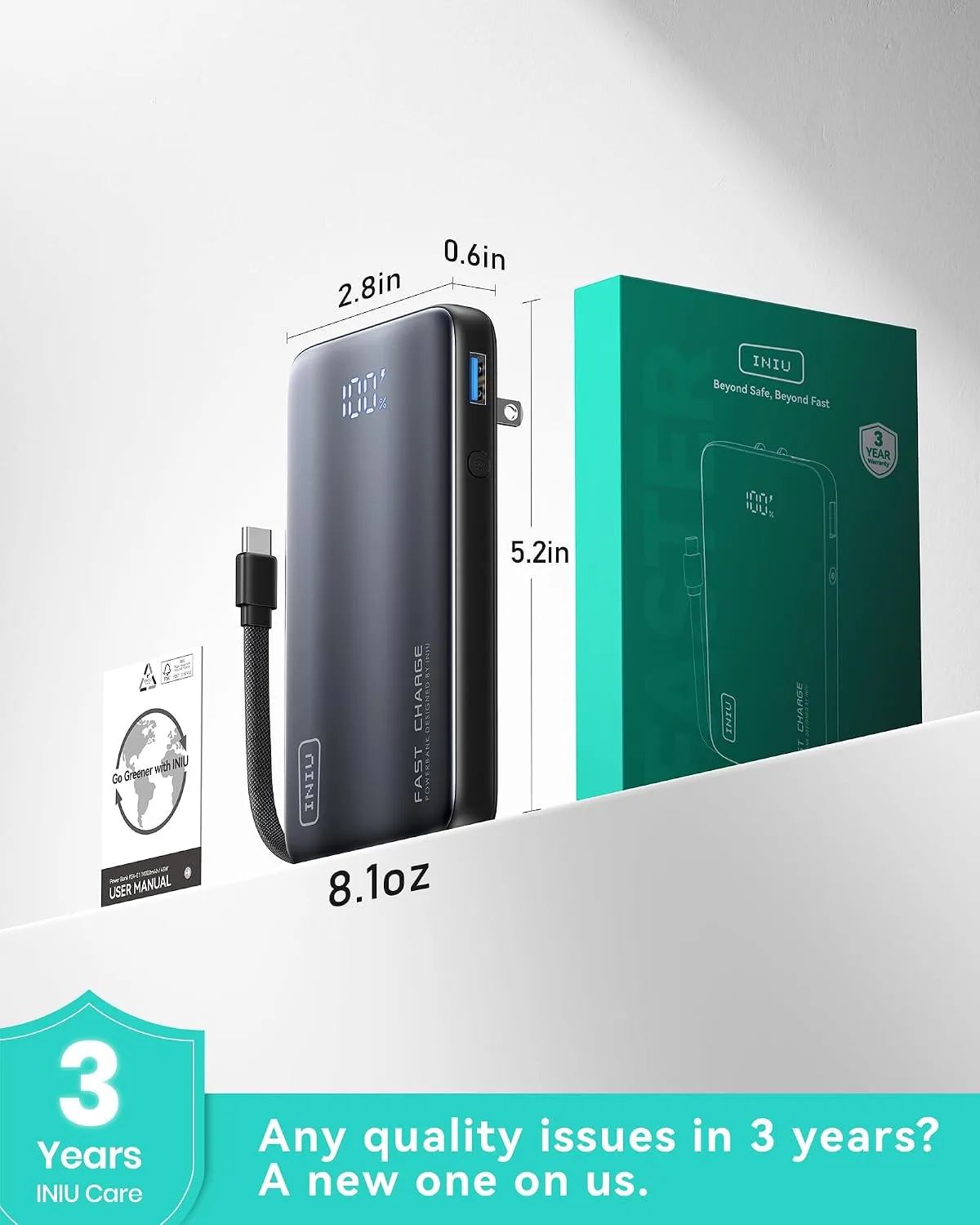 INIU Portable Charger, Slim 45W Fast Charging Power Bank with Built-in AC Wall Plug 10000mAh GaN 3-in-1 Battery Pack, Light Pink