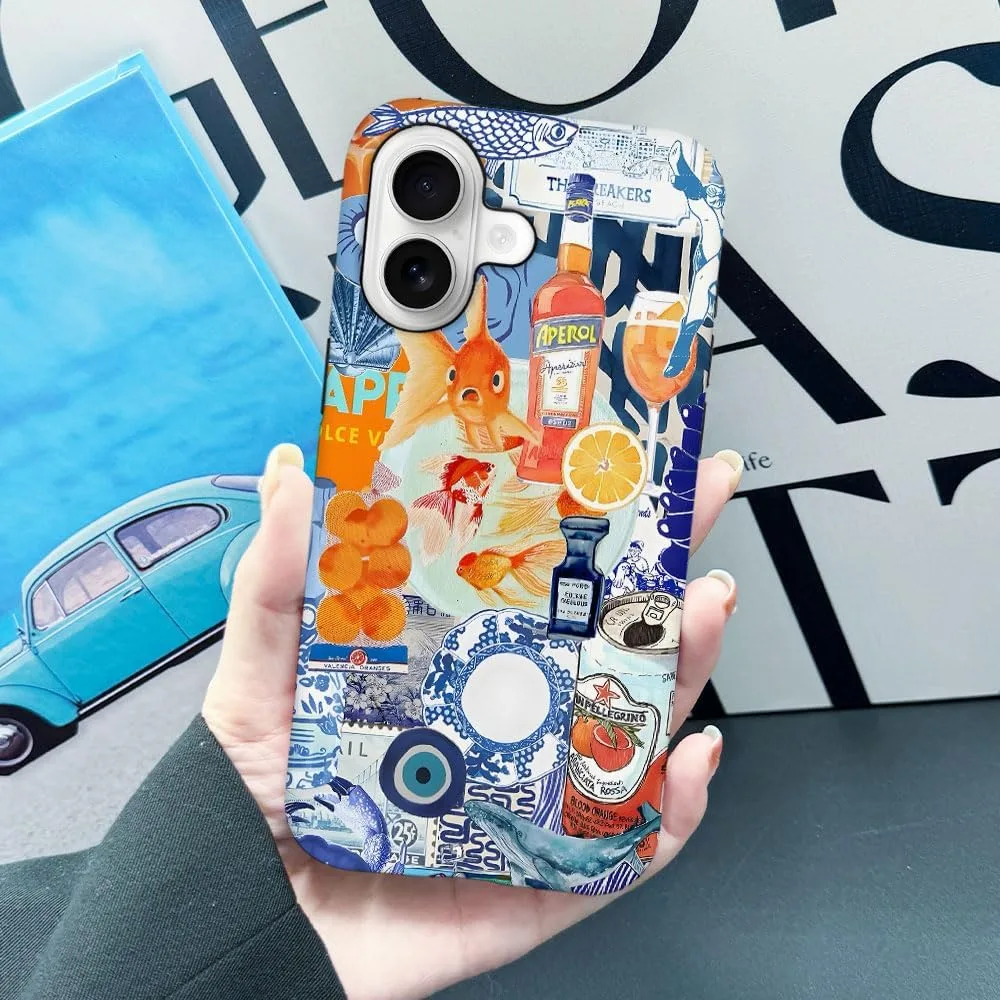 Case Compatible with iPhone 17,Fall Prevention Hybrid 2-Layer Hard Shell Phone Cover for Girls Boys,Fish Orange Collage European