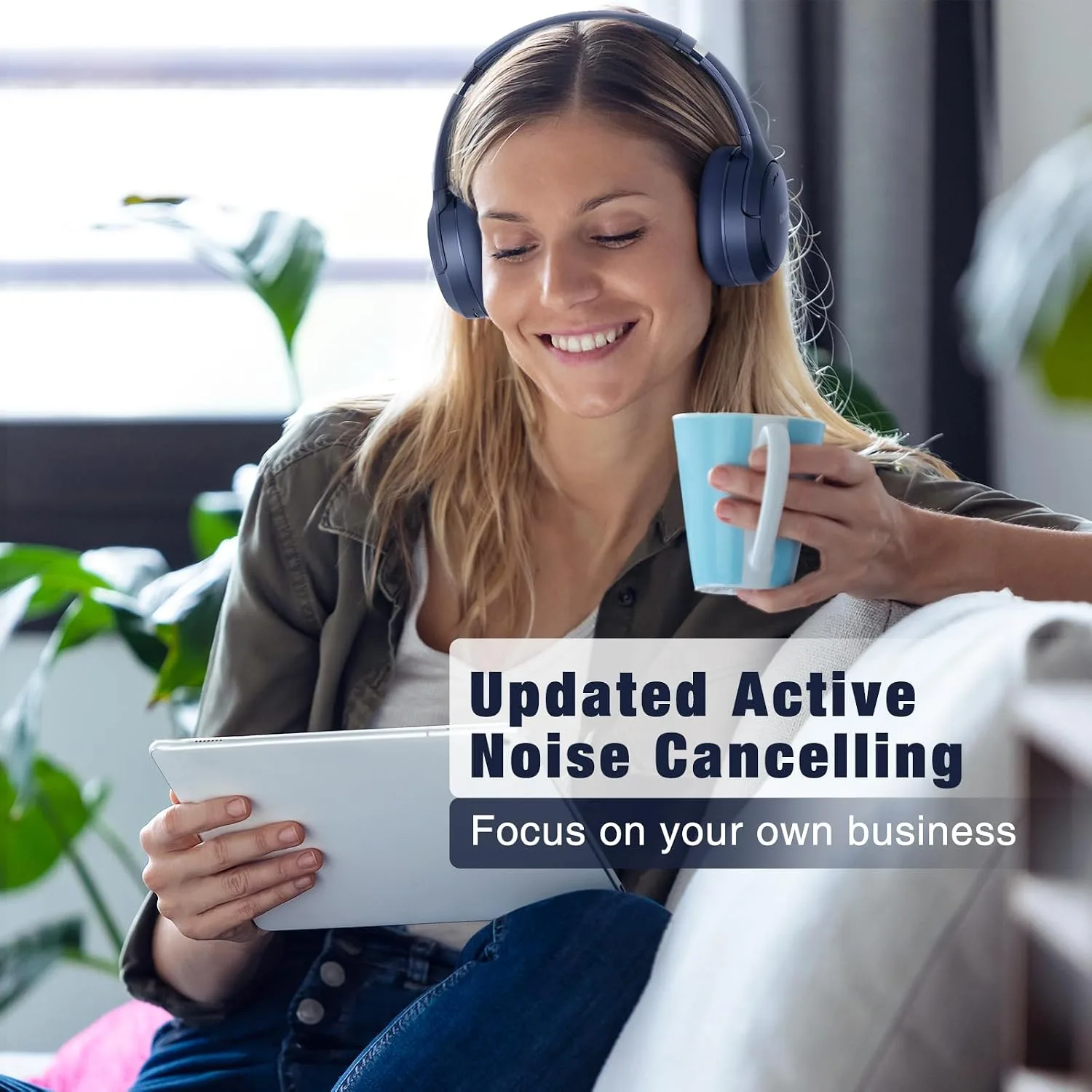 RUNOLIM Active Noise Cancelling Headphones, Wireless Bluetooth Over Ear (Blue)