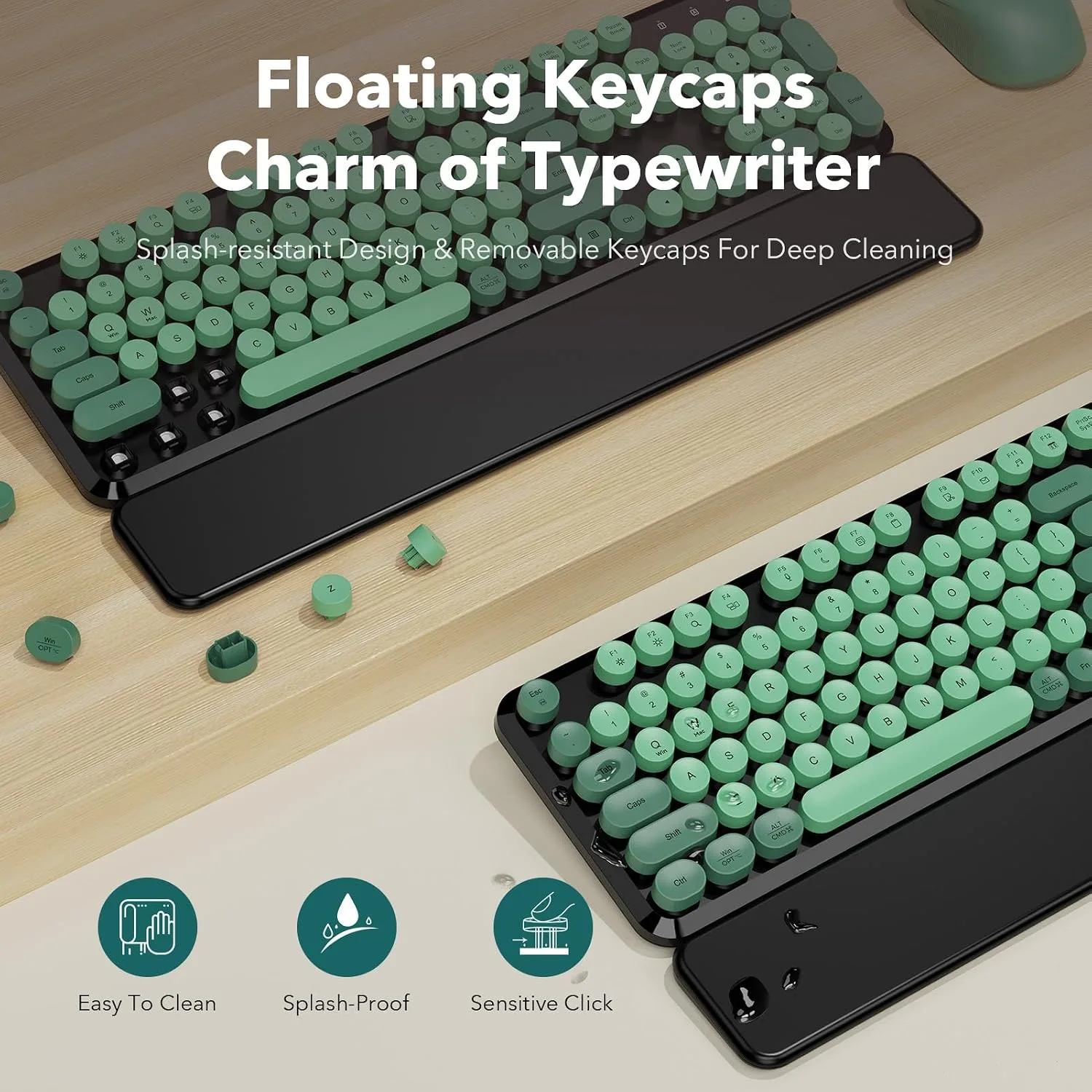 Wireless Keyboard and Mouse, Round Keycap, Magnetic Wrist Rest, Green Black