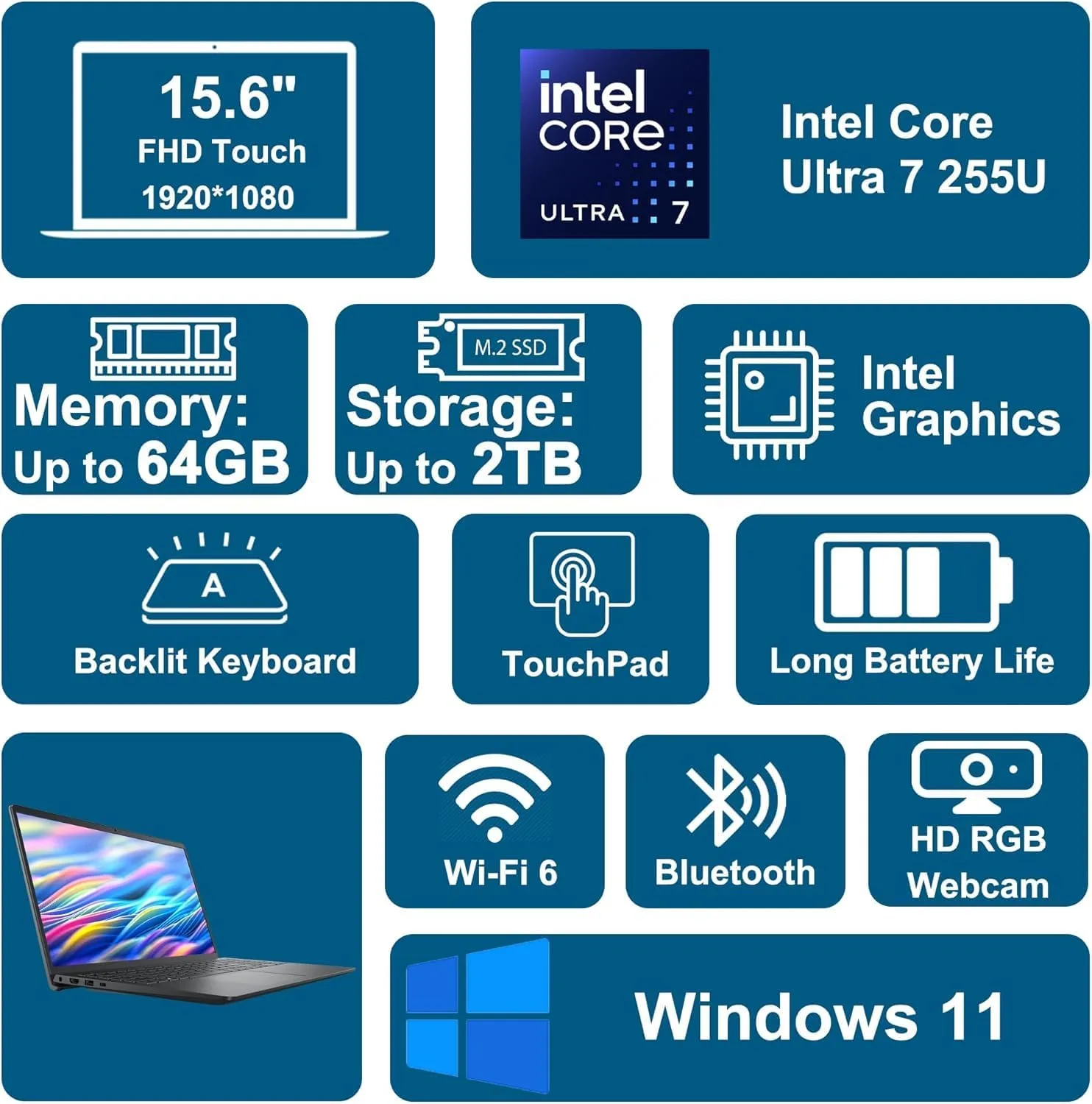Dell 15.6" FHD Touchscreen Business Laptop, Powerful Intel 12-core Ultra 7 255U (Up to 5.2 GHz), 16GB DDR5 RAM, 512GB SSD, Backlit Keyboard, Windows 11 Pro with Office 365 for Web, Work and Study