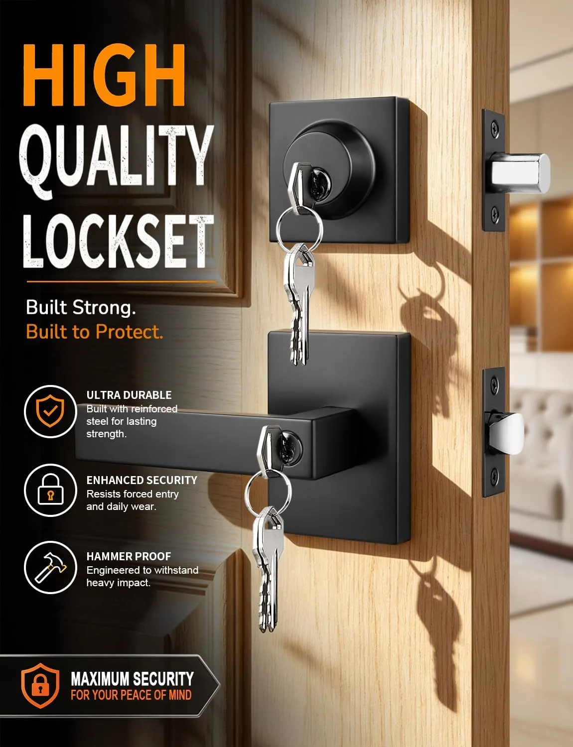 Probrico Square Interior/Exterior Door Lock Set 2 Pack Same Key Matte Black