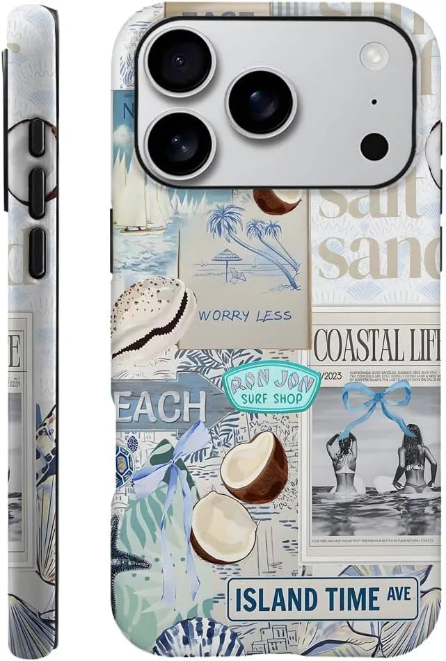 Case Compatible with iPhone 18 Pro/iPhone 17 Pro,Fall Prevention Hybrid 2-Layer Hard Shell Phone Cover for Girls Boys,Beach Coast Collage