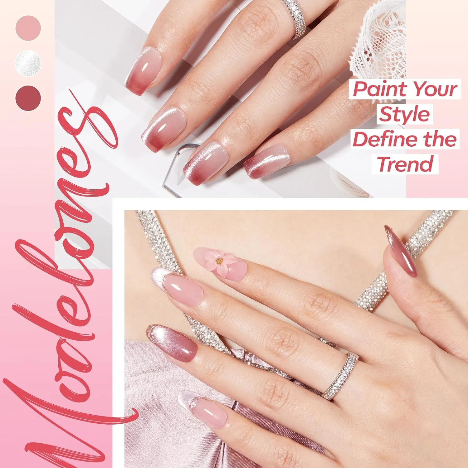 modelones Cat Eye Gel Nail Polish Kit Jelly 6Colors Pink Nude Sparkle