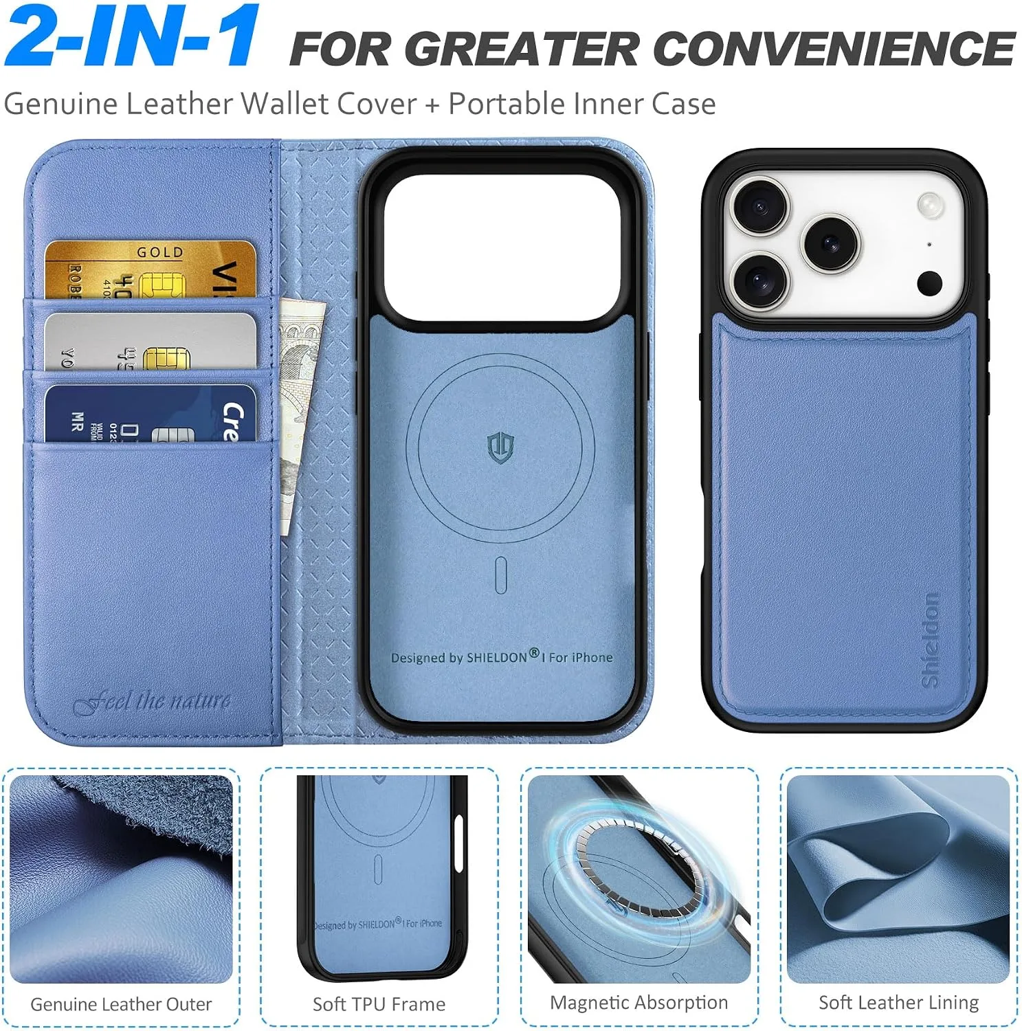 SHIELDON 2 in 1 Real Leather Case for iPhone 18 Pro/17 Pro, Wisteria Purple