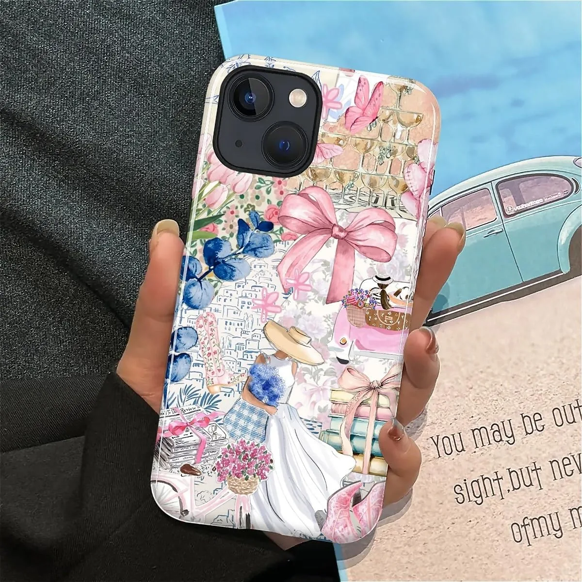 DAIZAG Case for iPhone 15,Mixed 2 Layer Design Shockproof Soft TPU Ddouble Protection Phone Case for iPhone 15-Magazine Books Flower Bow Collage