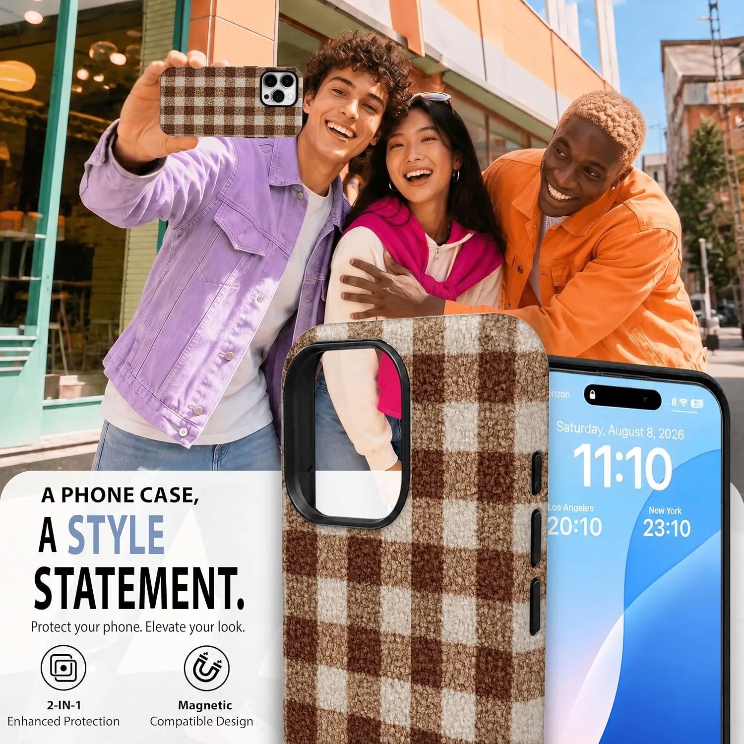 Magnetic for iPhone 15 Pro Max Chic Fall Brown Gingham Phone Case
