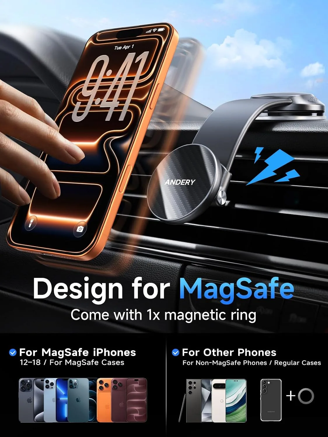 ANDERY Car Phone Holder for MagSafe [360° Adjustable Memory Alloy Arm | 2400gf Strongest Magnetic Power] Bendable Desk & Car Mount, Phone Holders for Your Car for iPhone and Smartphones, Carbon Fiber