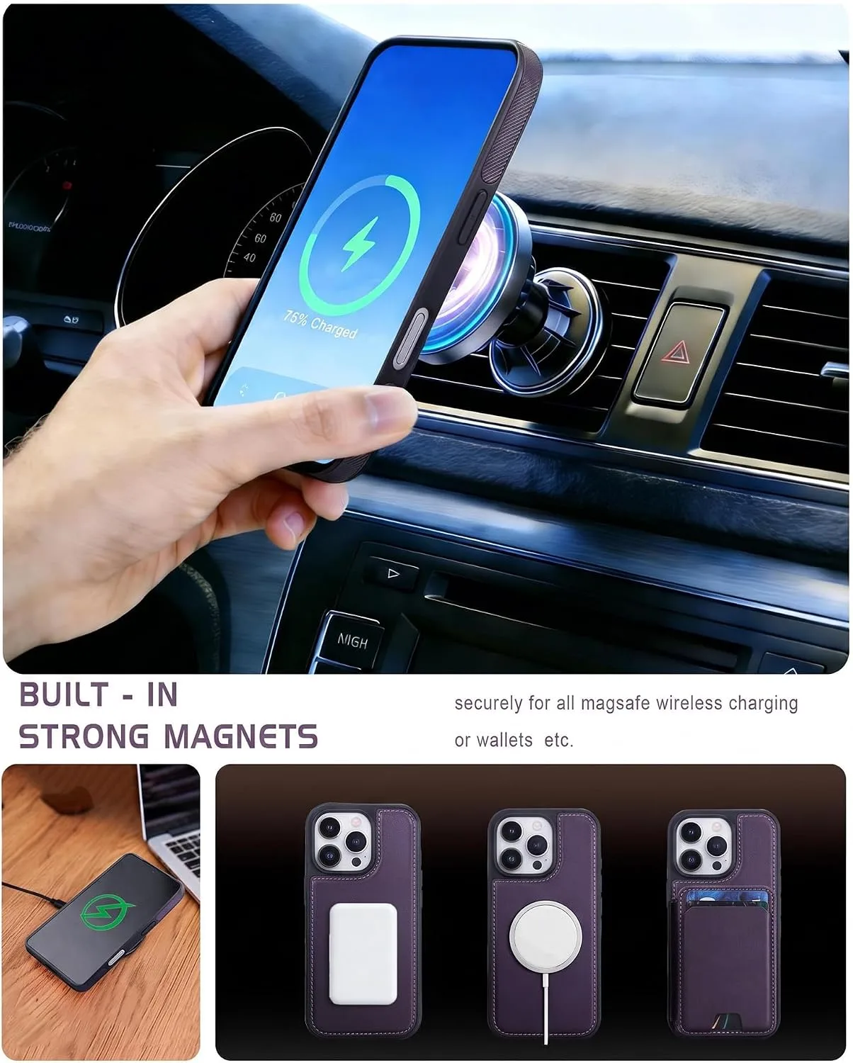 Magnetic Detachable Wallet Case for iPhone 16 Pro Max with Kickstand,2-in-1 MagSafe Compatible RFID Blocking Card Holder,Slim PU Leather Cover Purple