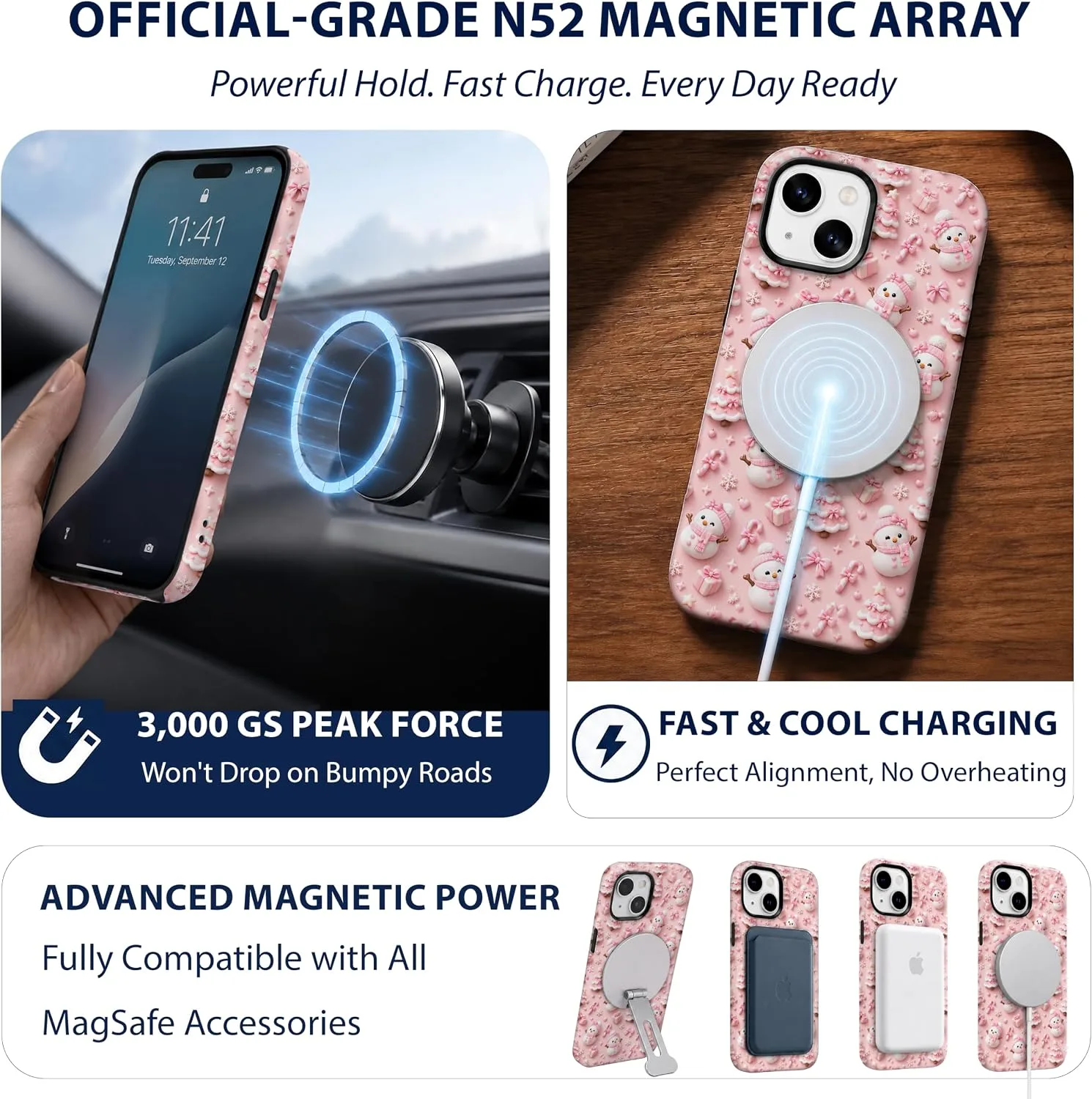 Magnetic for iPhone 15 Cute Pink Phone Case, Christmas Snowman