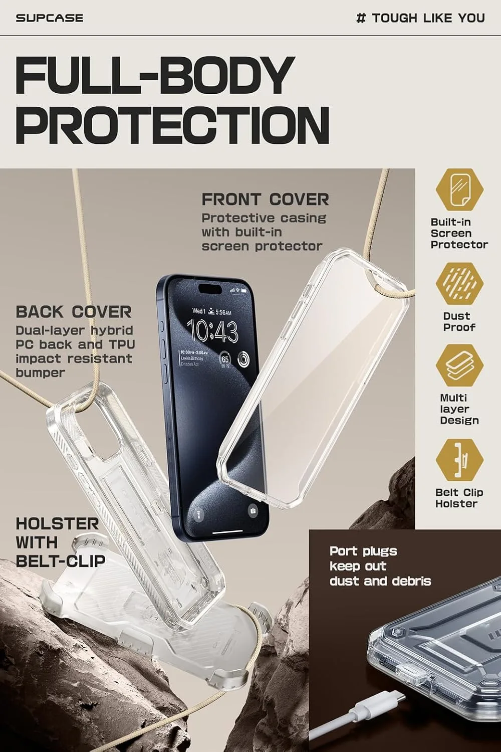 SUPCASE for iPhone 15 Pro Max Case with Stand & Screen Protector, Clear