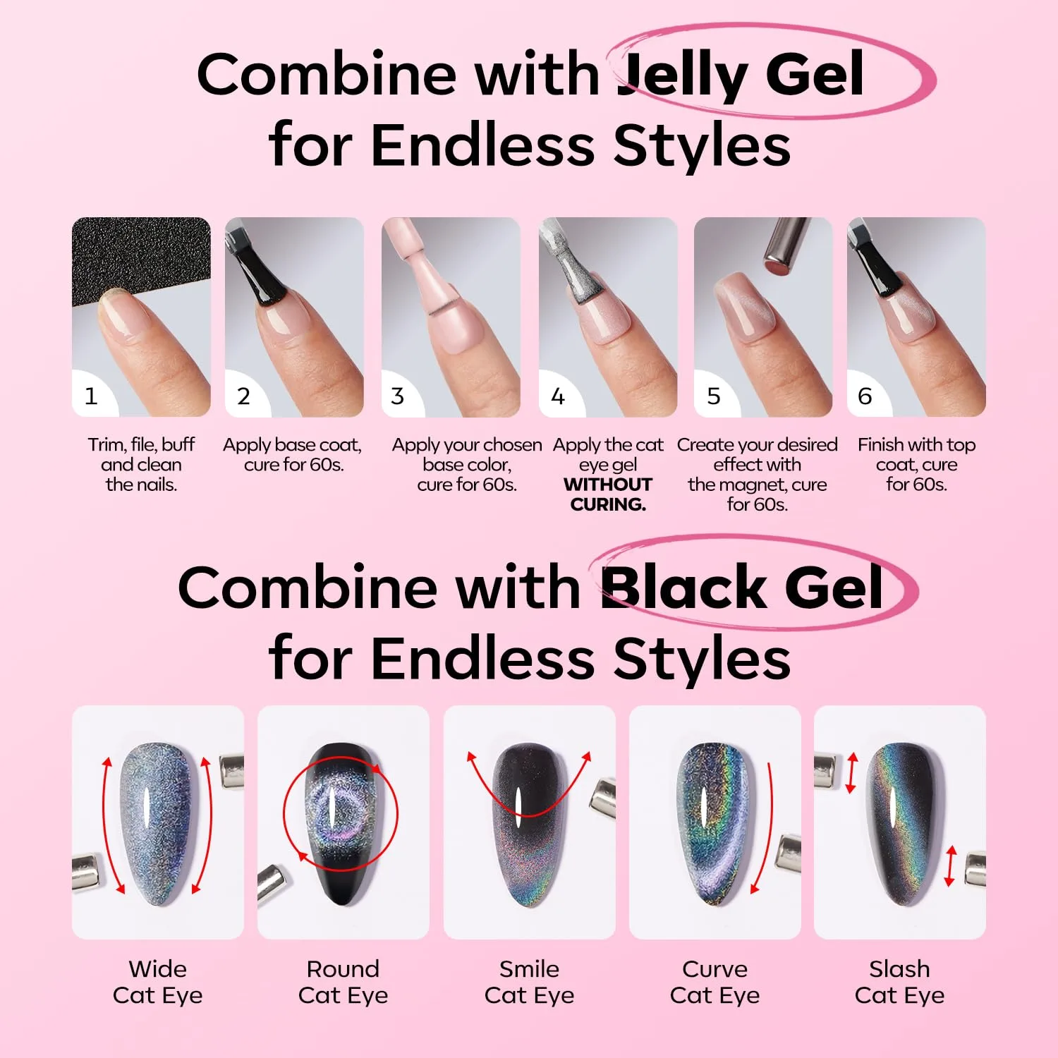 modelones Pink Cat Eye Gel Polish Slik Glitter Holographic